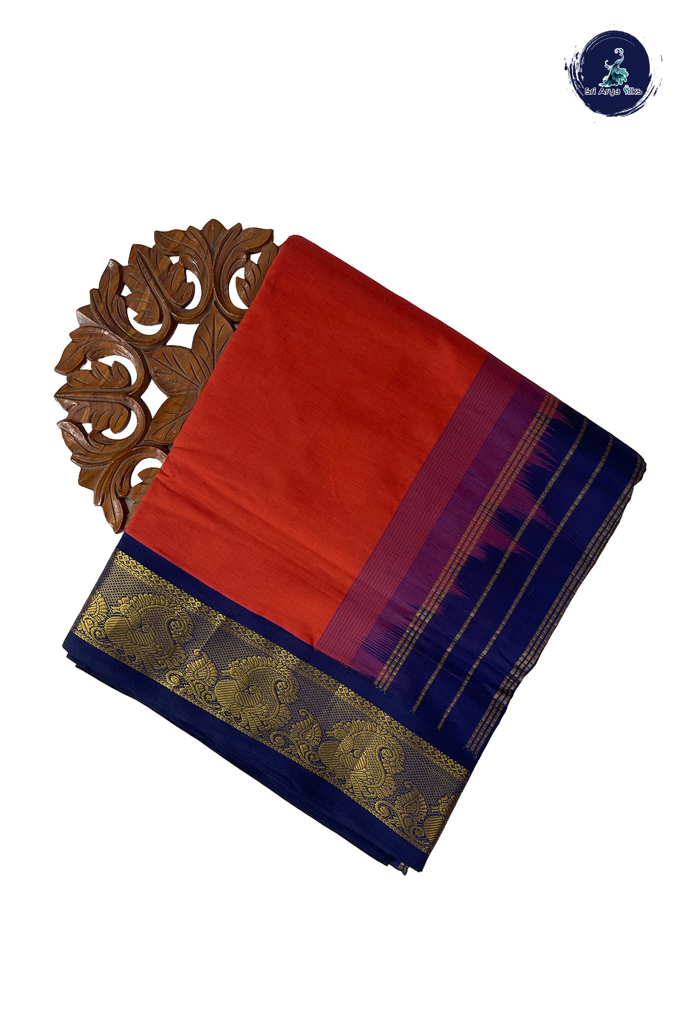Burnt Orange Half Pure Madisar Silk Cotton Saree With Plain Pattern