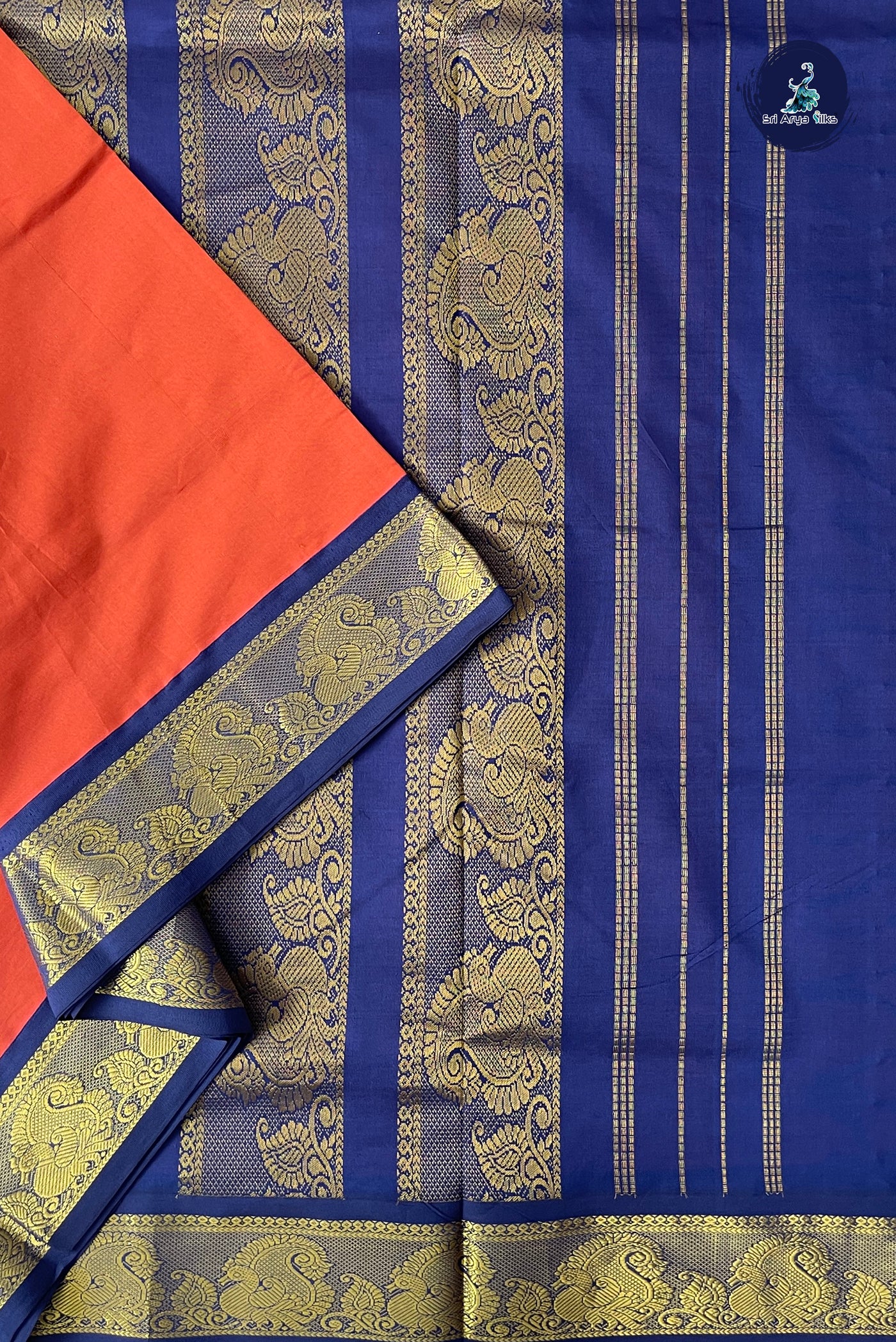 Burnt Orange Half Pure Madisar Silk Cotton Saree With Plain Pattern