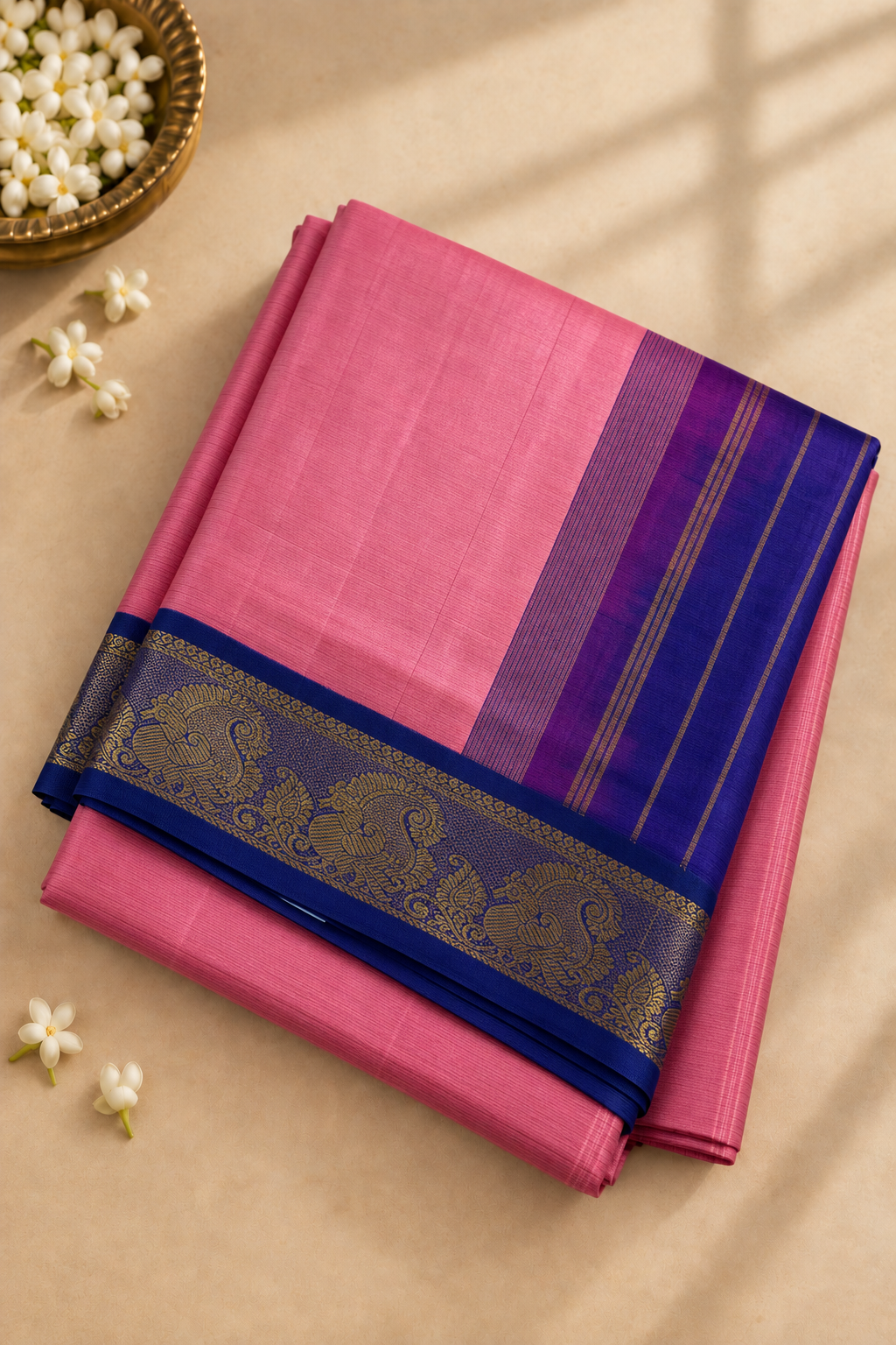Lotus Pink Half Pure Madisar Silk Cotton Saree With Plain Pattern