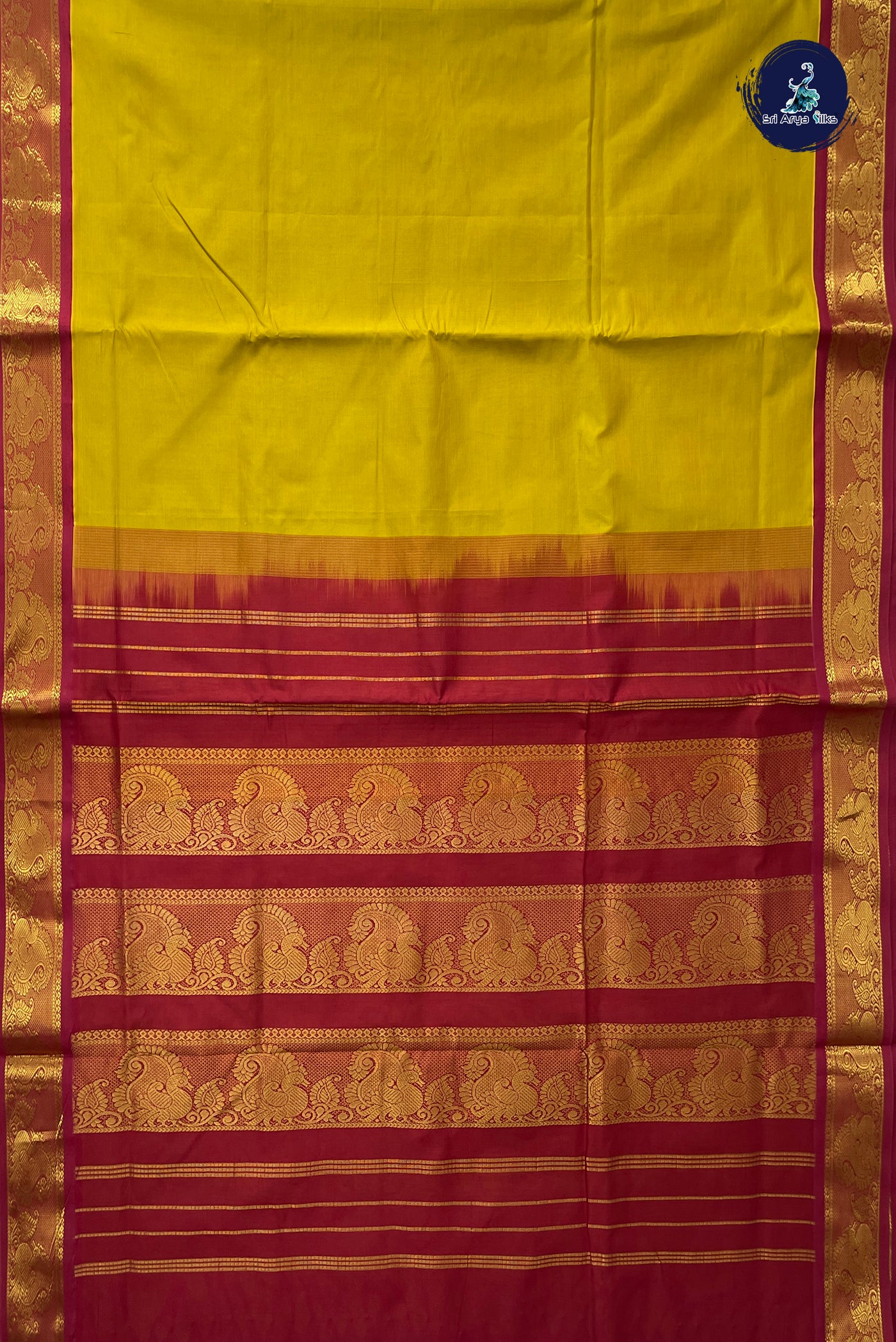 Mustard Yellow Half Pure Madisar Silk Cotton Saree With Plain Pattern