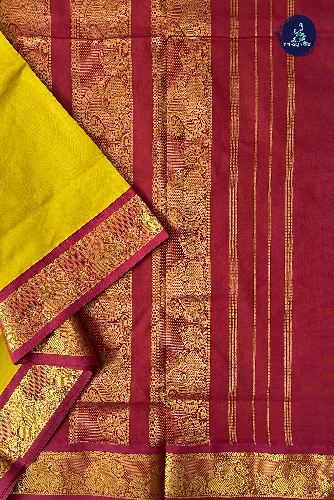 Mustard Yellow Half Pure Madisar Silk Cotton Saree With Plain Pattern