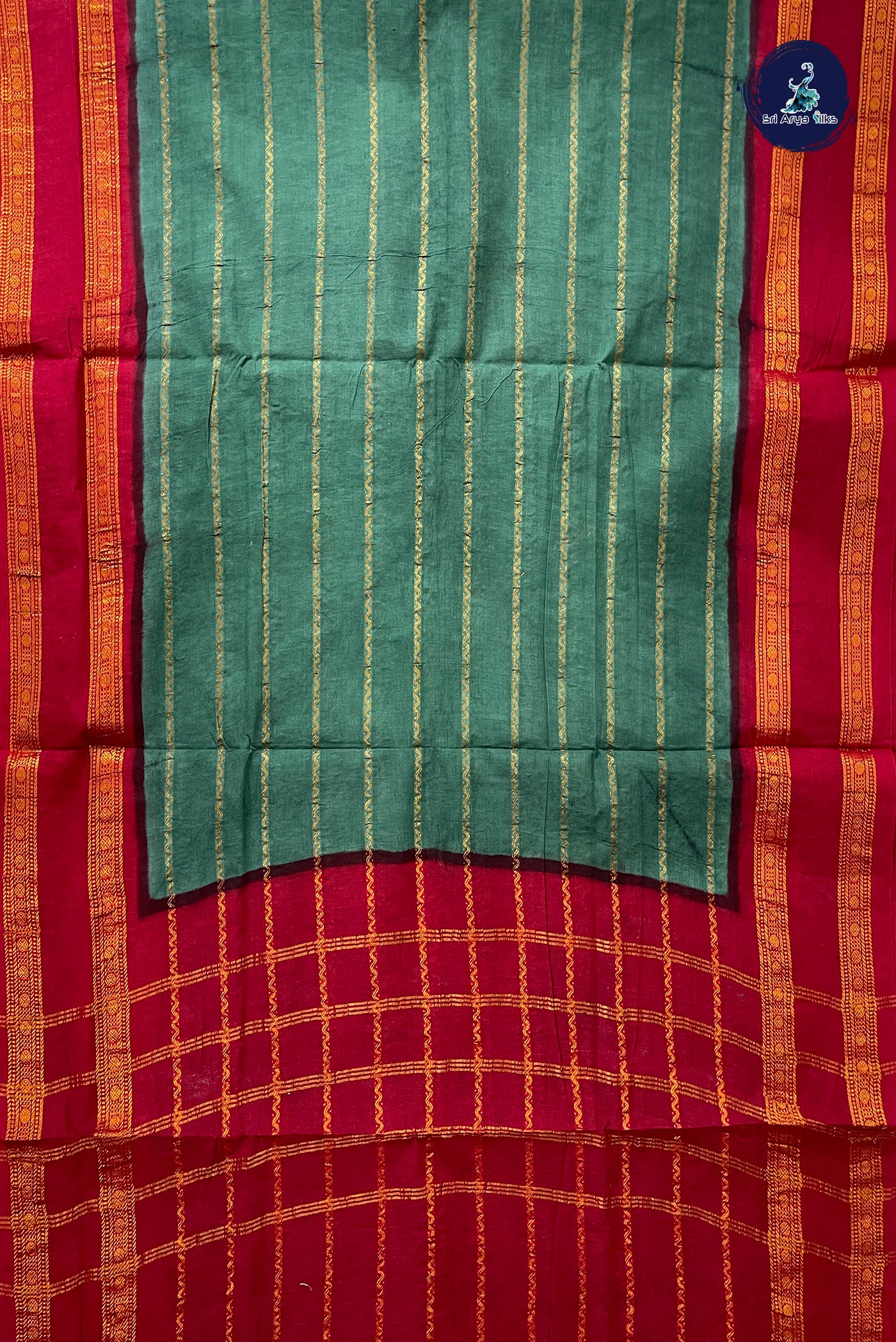 Green Sugundi Cotton Madisar Saree With Veldhari Stripes Pattern