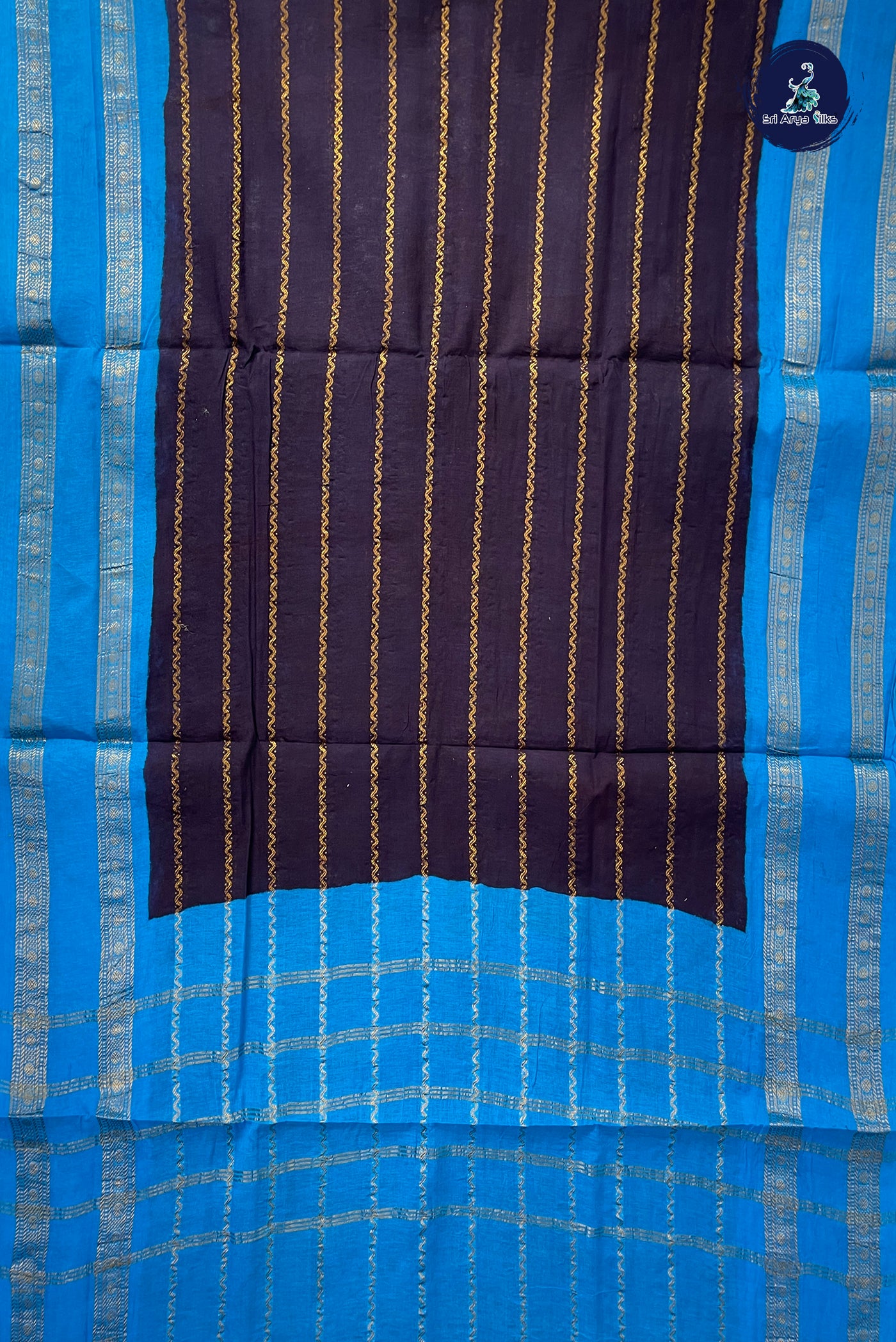 Dark Plum Sugundi Cotton Madisar Saree With Veldhari Stripes Pattern