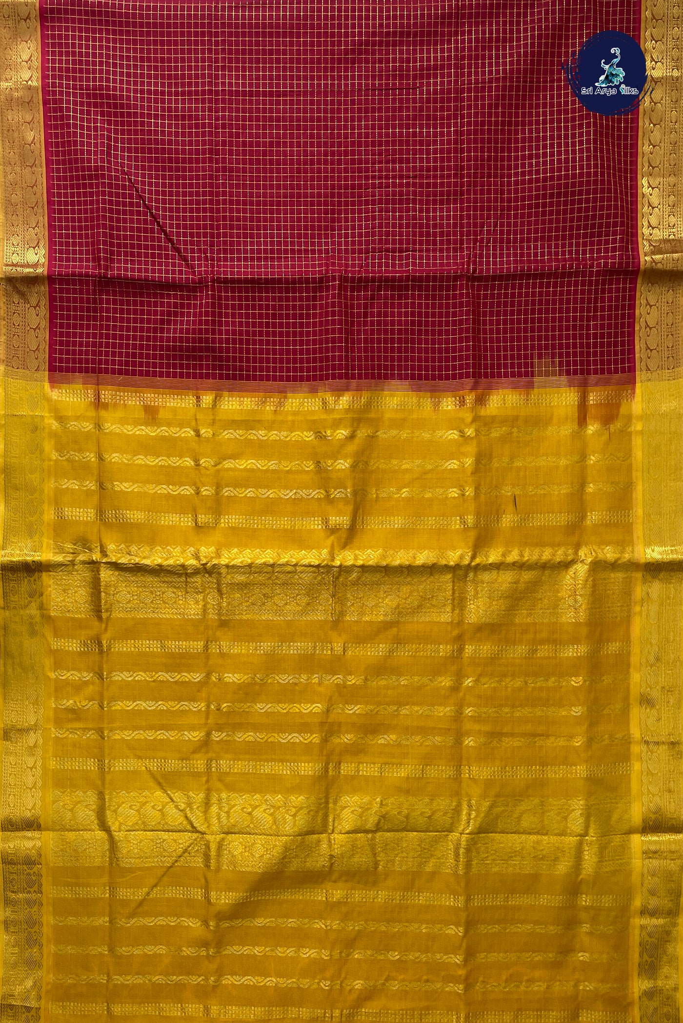 Maroon Half Pure Madisar Silk Cotton Saree With Zari Checked Pattern