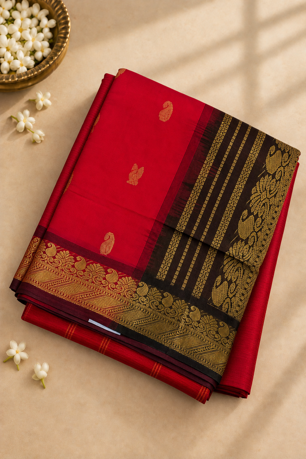 Red Half Pure Madisar Silk Cotton Saree With Zari Buttas Pattern