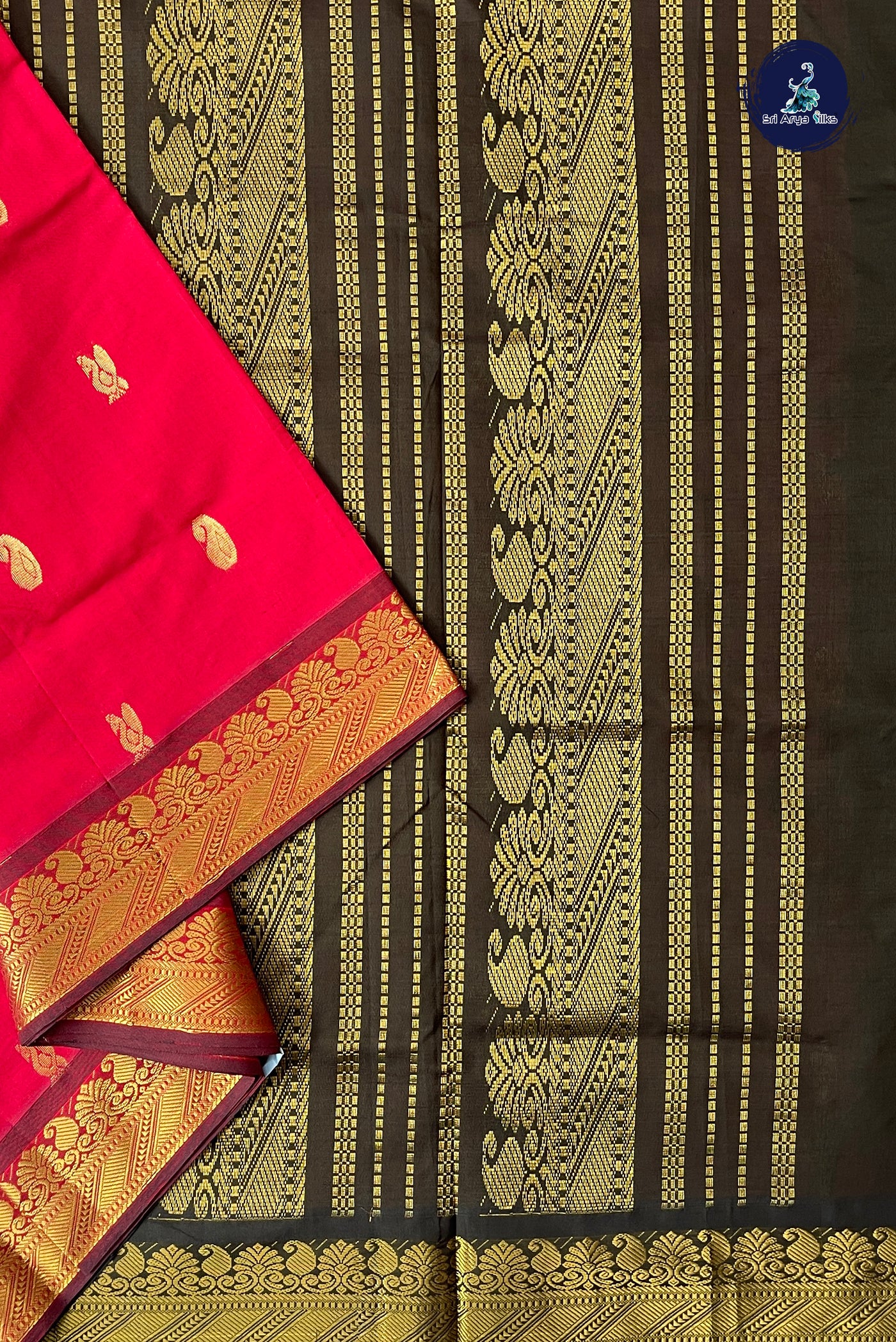 Red Half Pure Madisar Silk Cotton Saree With Zari Buttas Pattern