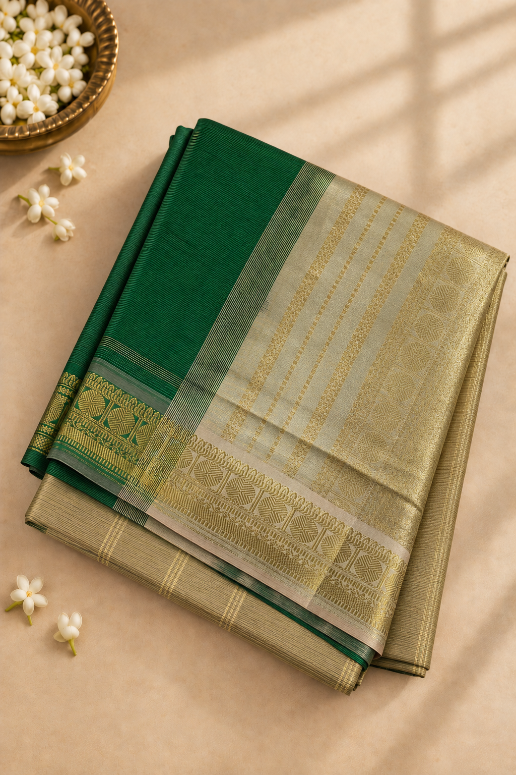 Green Half Pure Madisar Silk Cotton Saree With Vaira Oosi Pattern