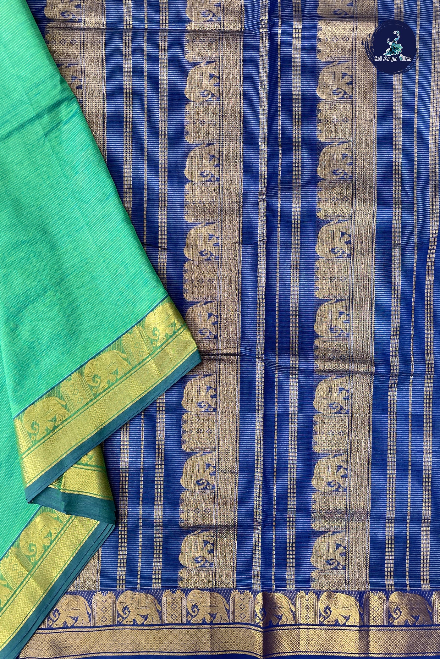 Bluish Green Half Pure Madisar Silk Cotton Saree With Vaira Oosi Pattern