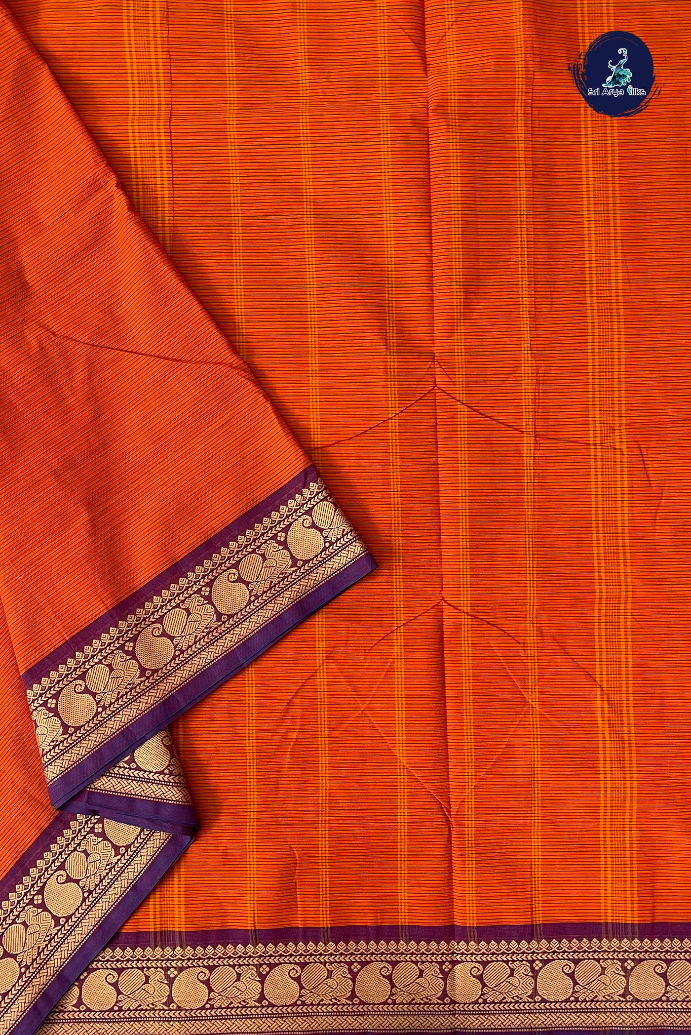 Orange 10.5 Yards Madisar Saree With Stripes Pattern