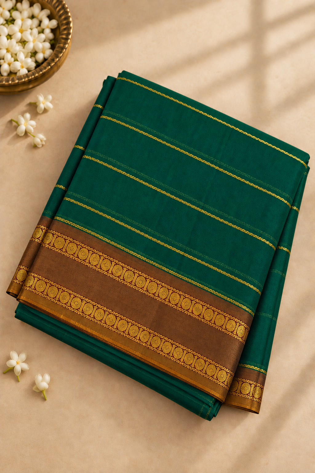 Green Devendra Cotton Madisar Saree With Veldhari Stripes Pattern