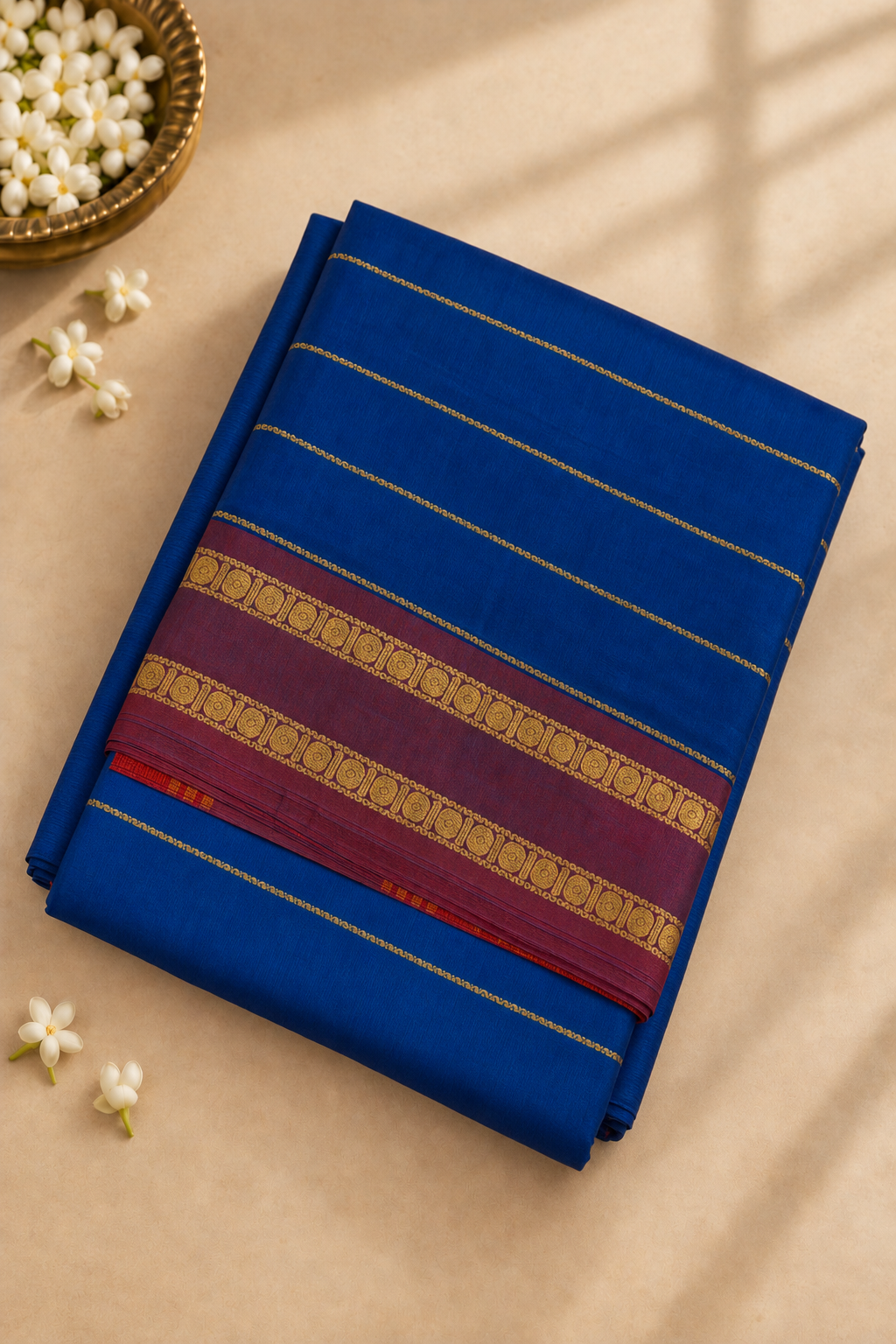 Blue Devendra Cotton Madisar Saree With Veldhari Stripes Pattern