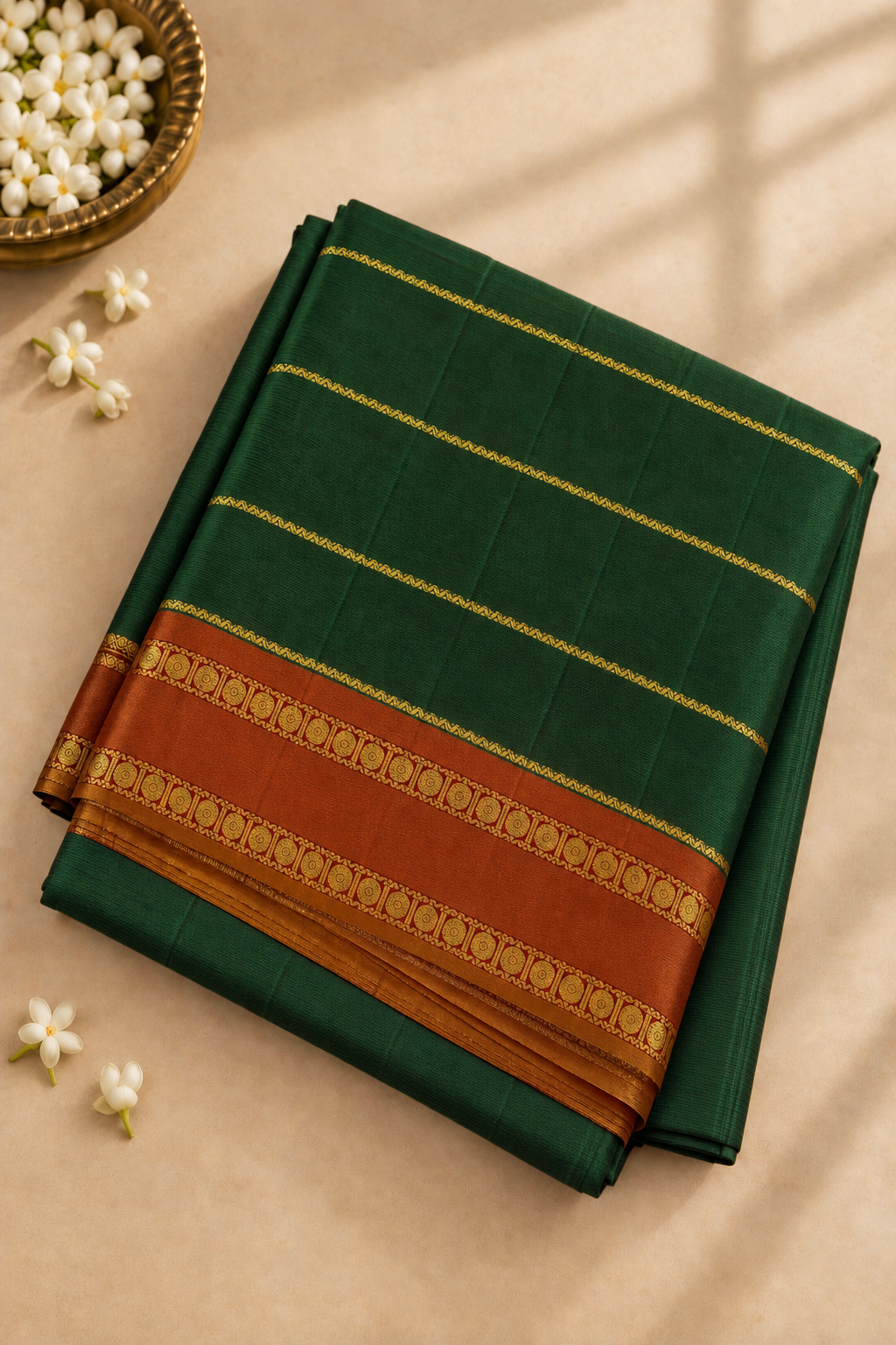 Dual Tone Green Devendra Cotton Madisar Saree With Veldhari Stripes Pattern