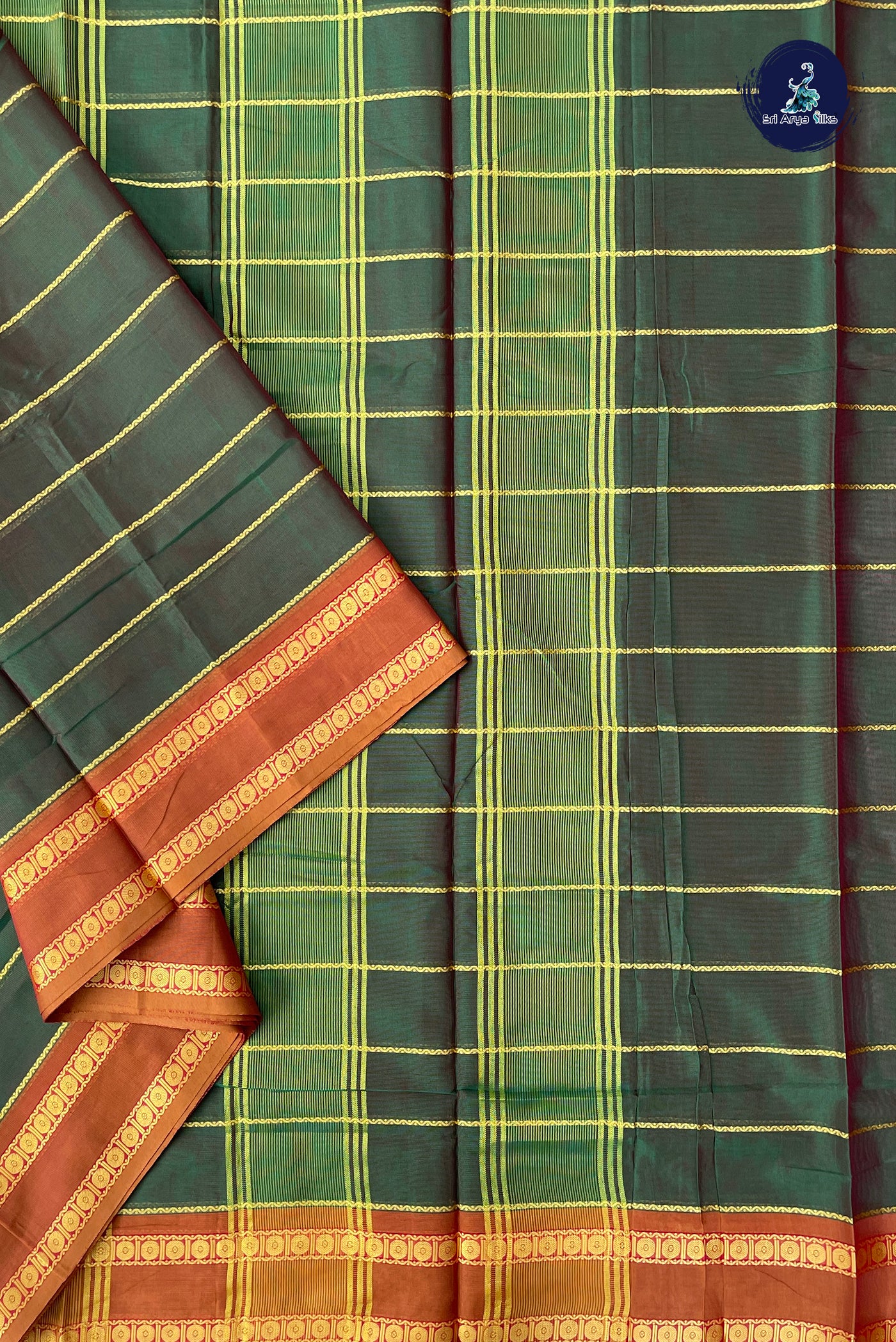 Dual Tone Green Devendra Cotton Madisar Saree With Veldhari Stripes Pattern