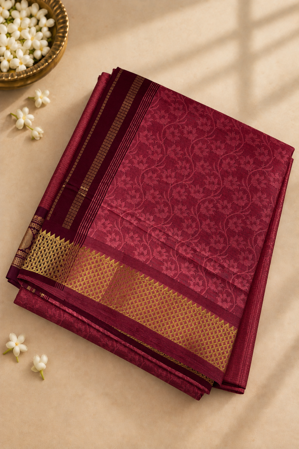 Caramel Shade Half Pure Madisar Silk Cotton Saree With Embossed Pattern