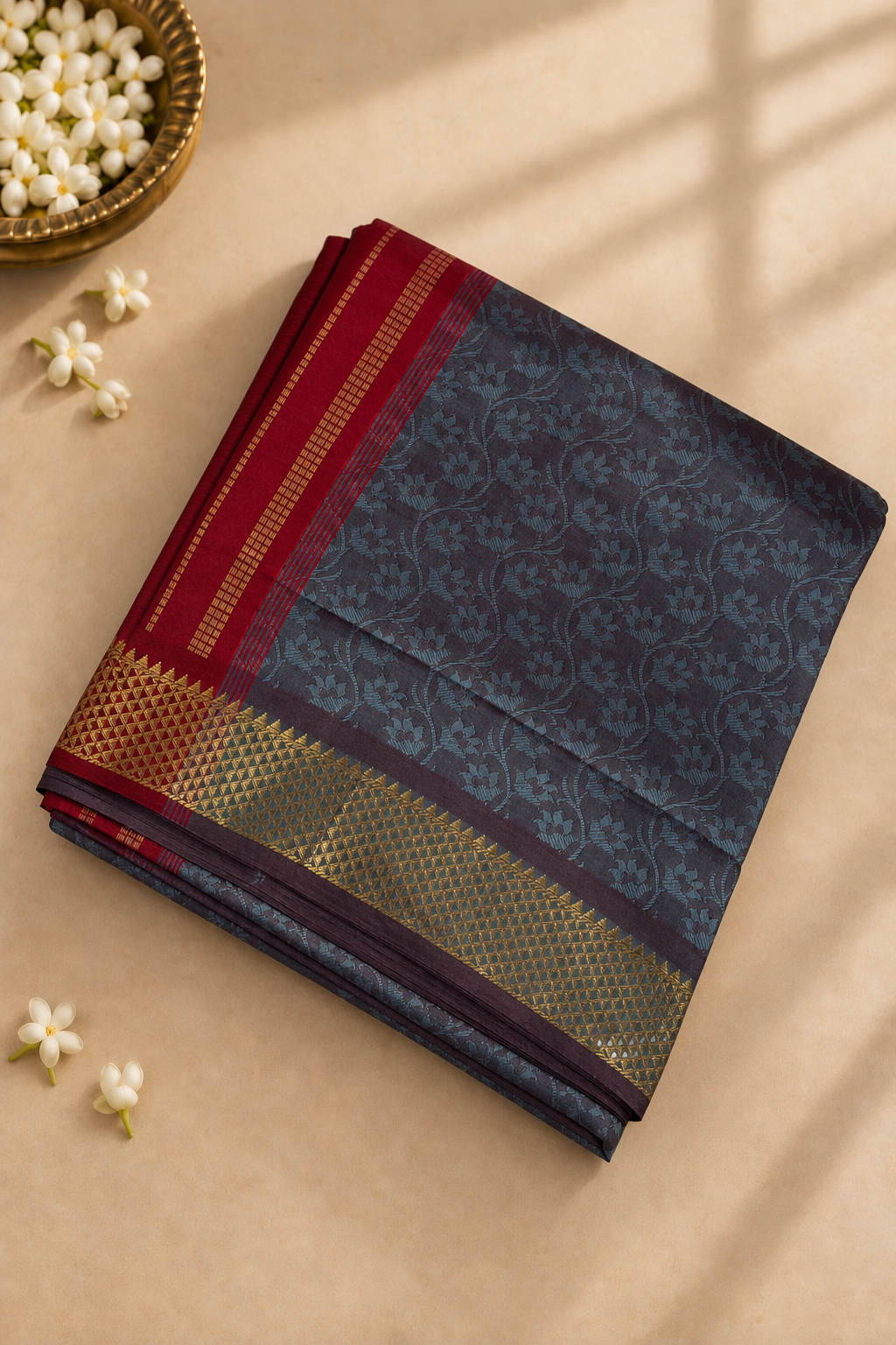 Dual Tone Grey Half Pure Madisar Silk Cotton Saree With Embossed Pattern