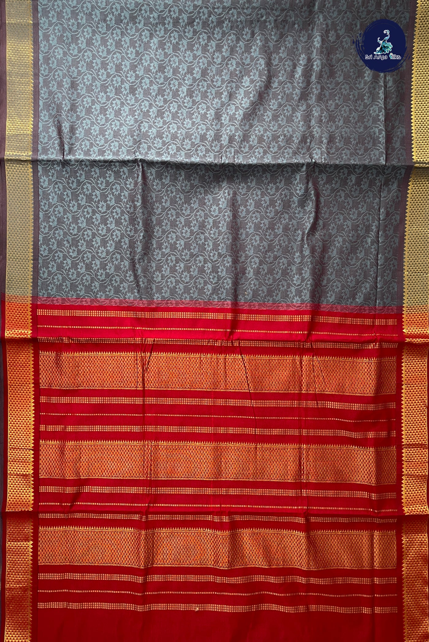 Dual Tone Grey Half Pure Madisar Silk Cotton Saree With Embossed Pattern