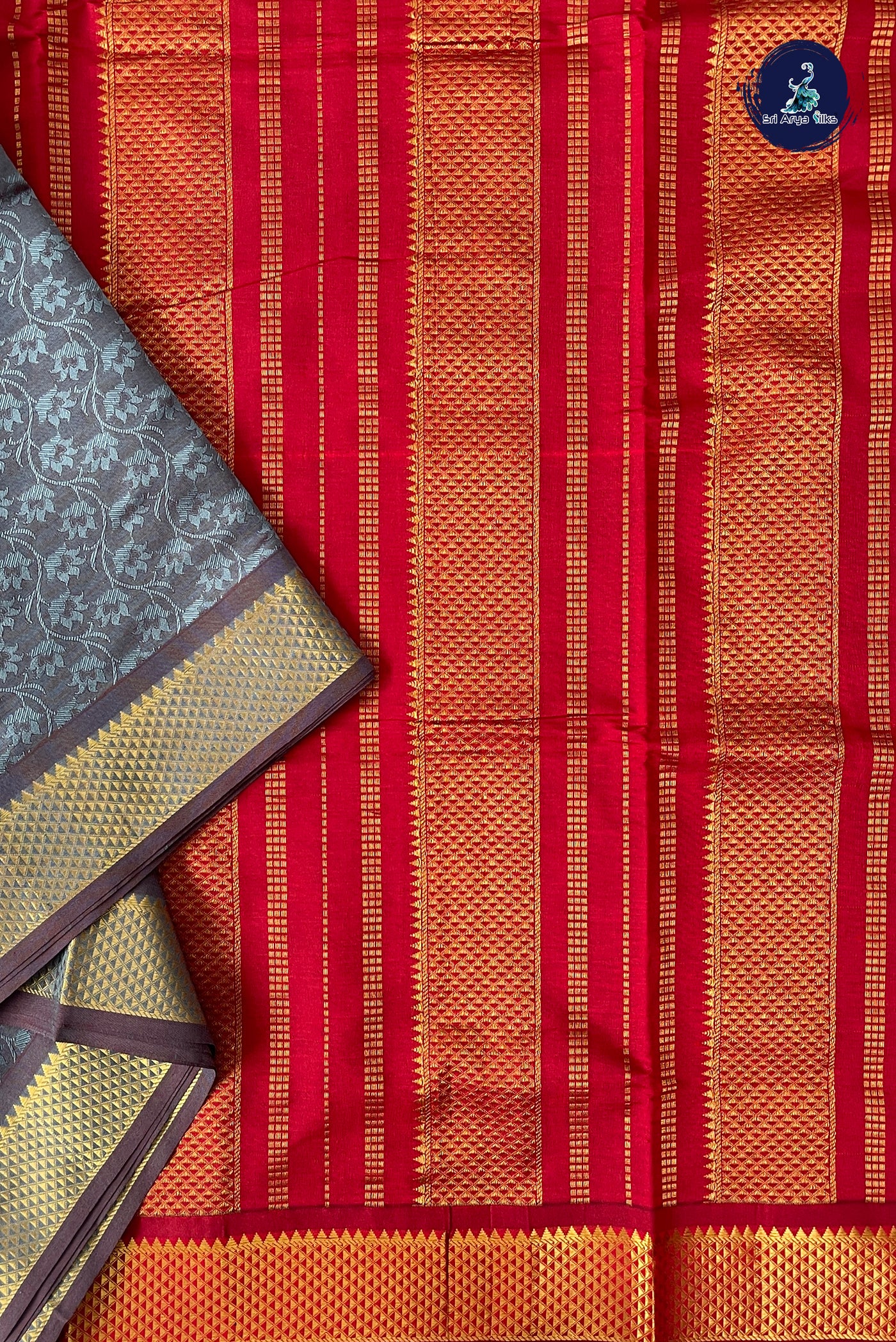 Dual Tone Grey Half Pure Madisar Silk Cotton Saree With Embossed Pattern