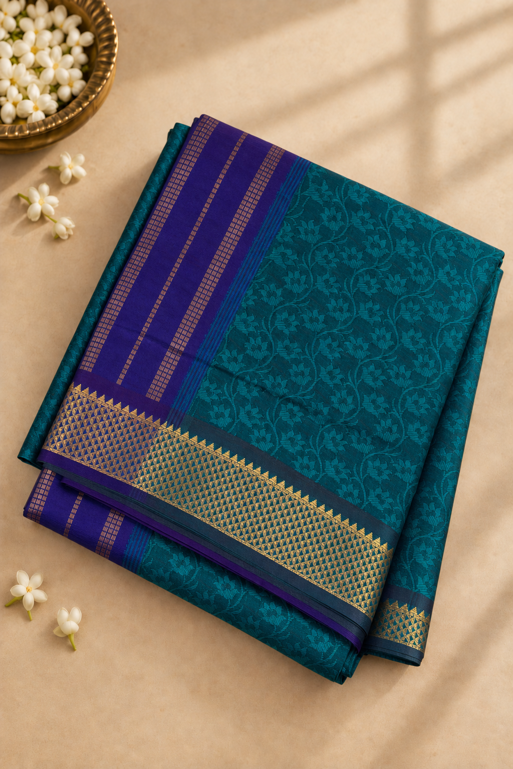 Teal Half Pure Madisar Silk Cotton Saree With Embossed Pattern