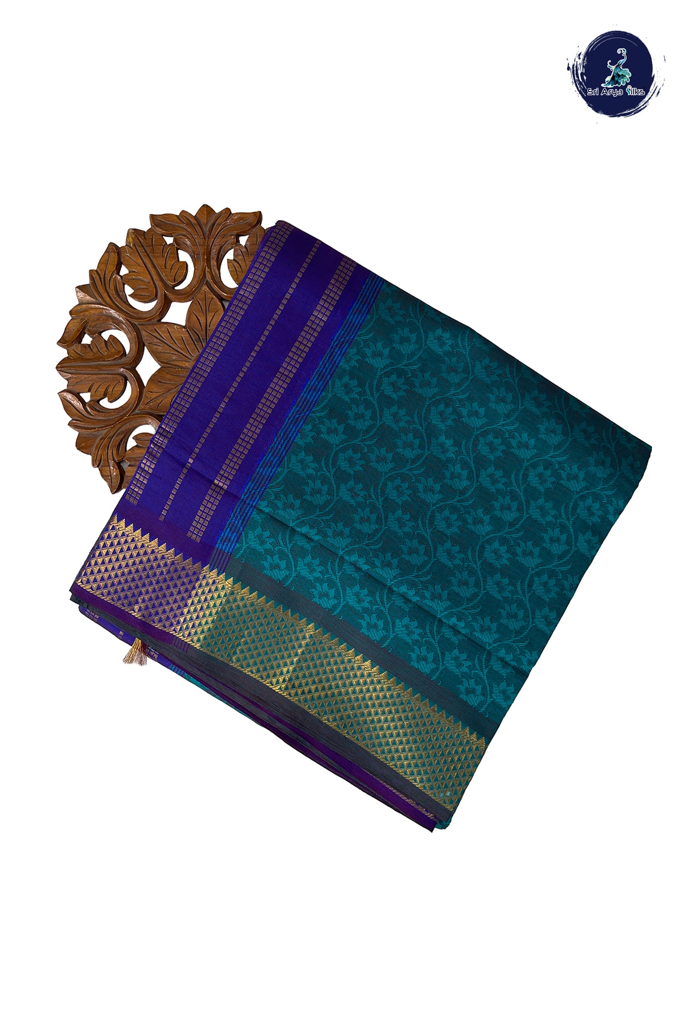 Teal Half Pure Madisar Silk Cotton Saree With Embossed Pattern