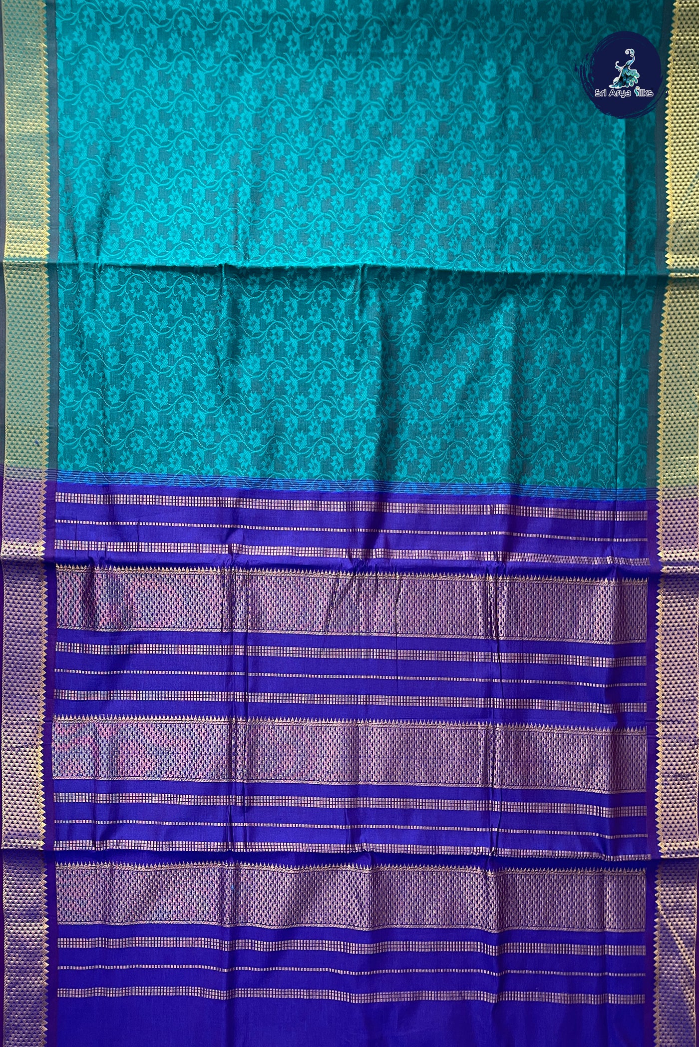 Teal Half Pure Madisar Silk Cotton Saree With Embossed Pattern
