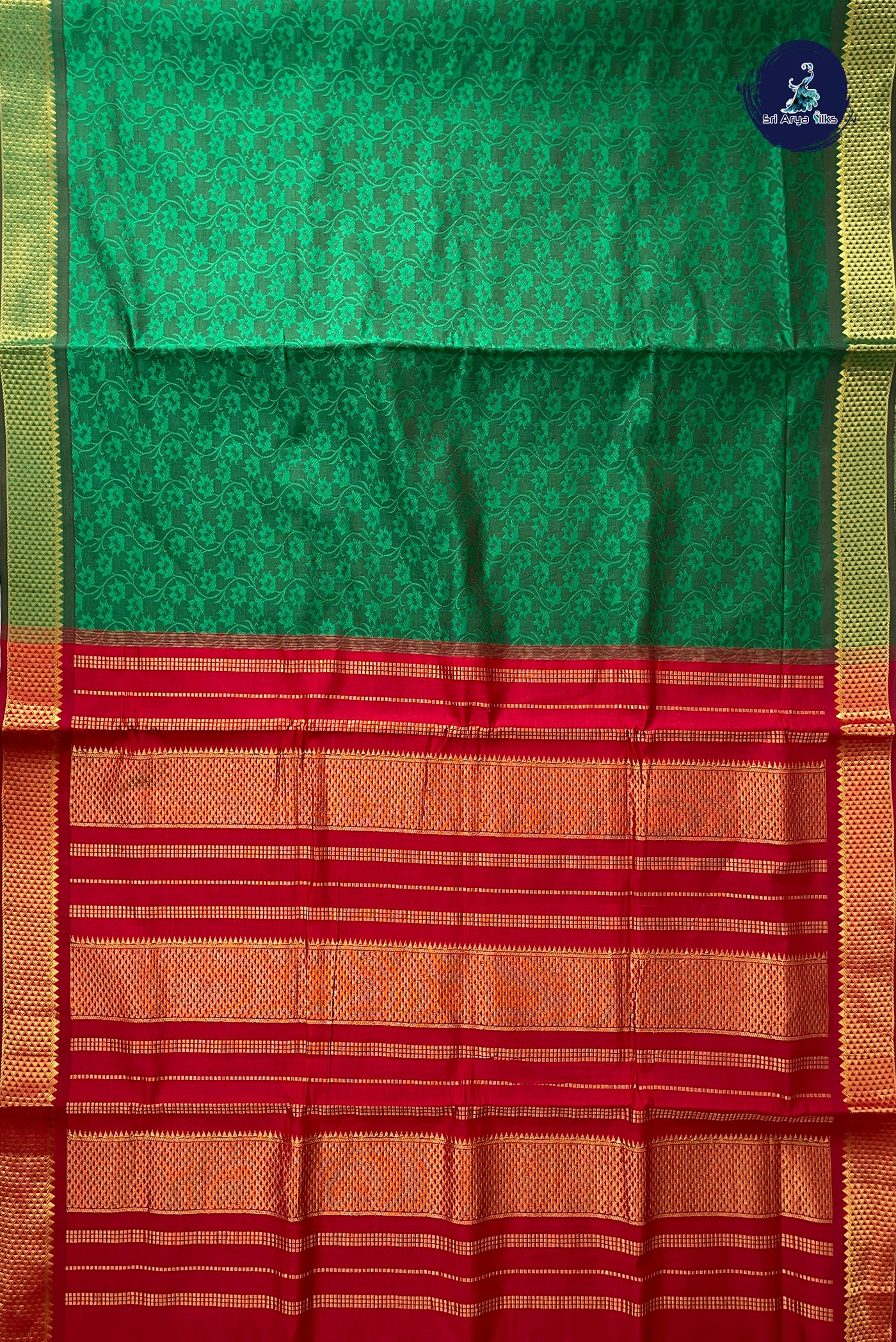 Green Half Pure Madisar Silk Cotton Saree With Embossed Pattern
