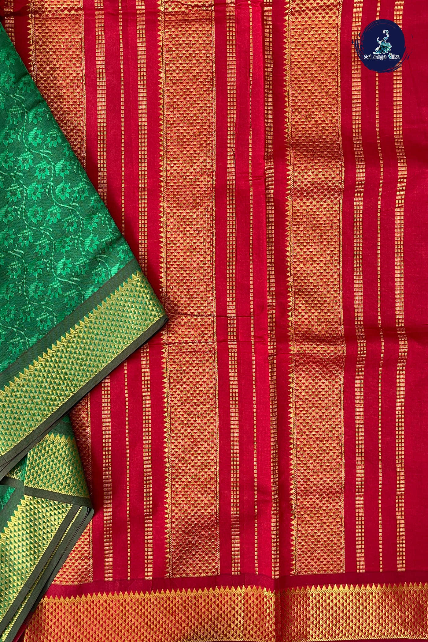 Green Half Pure Madisar Silk Cotton Saree With Embossed Pattern