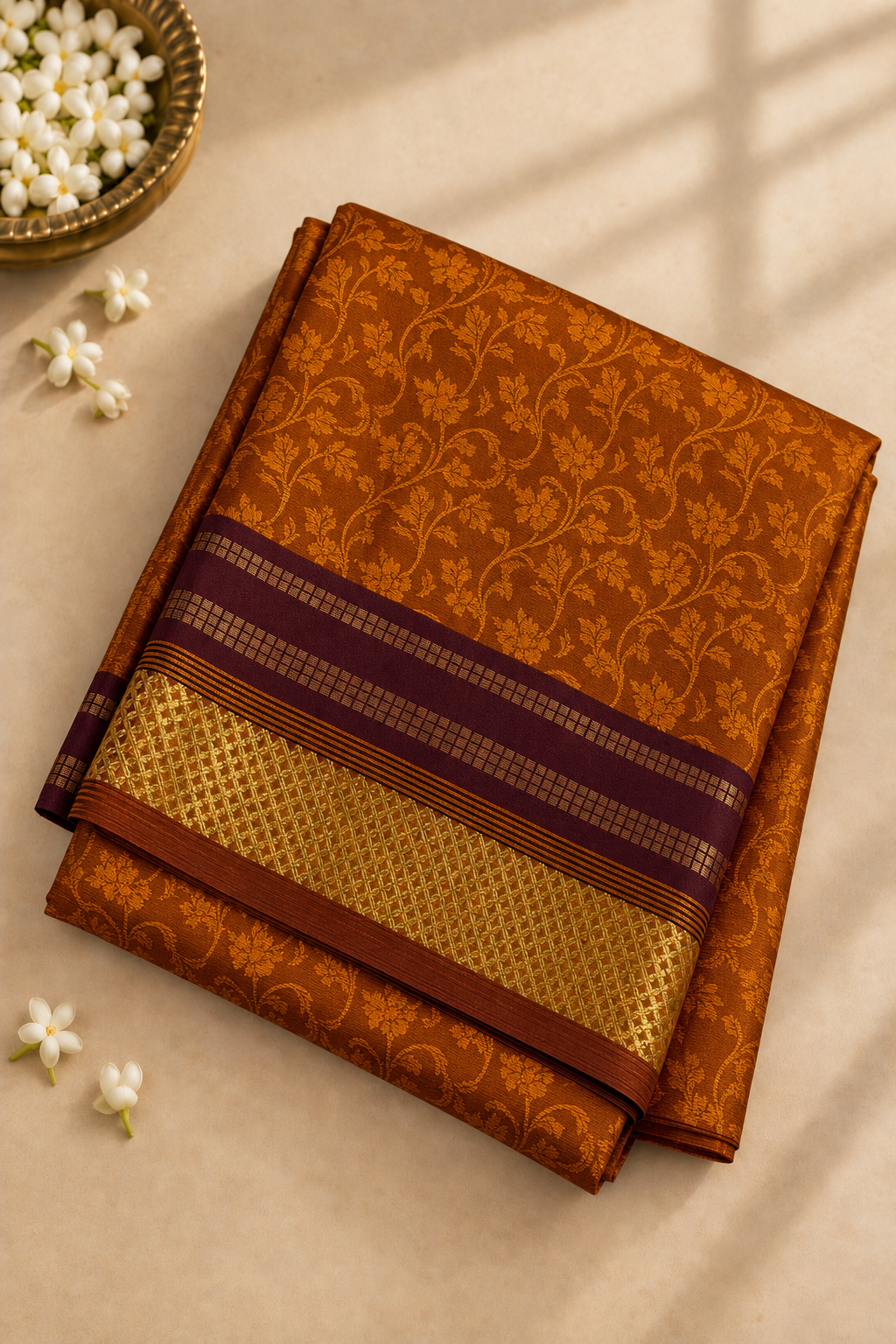 Lite Mustard Orange Half Pure Madisar Silk Cotton Saree With Embossed Pattern