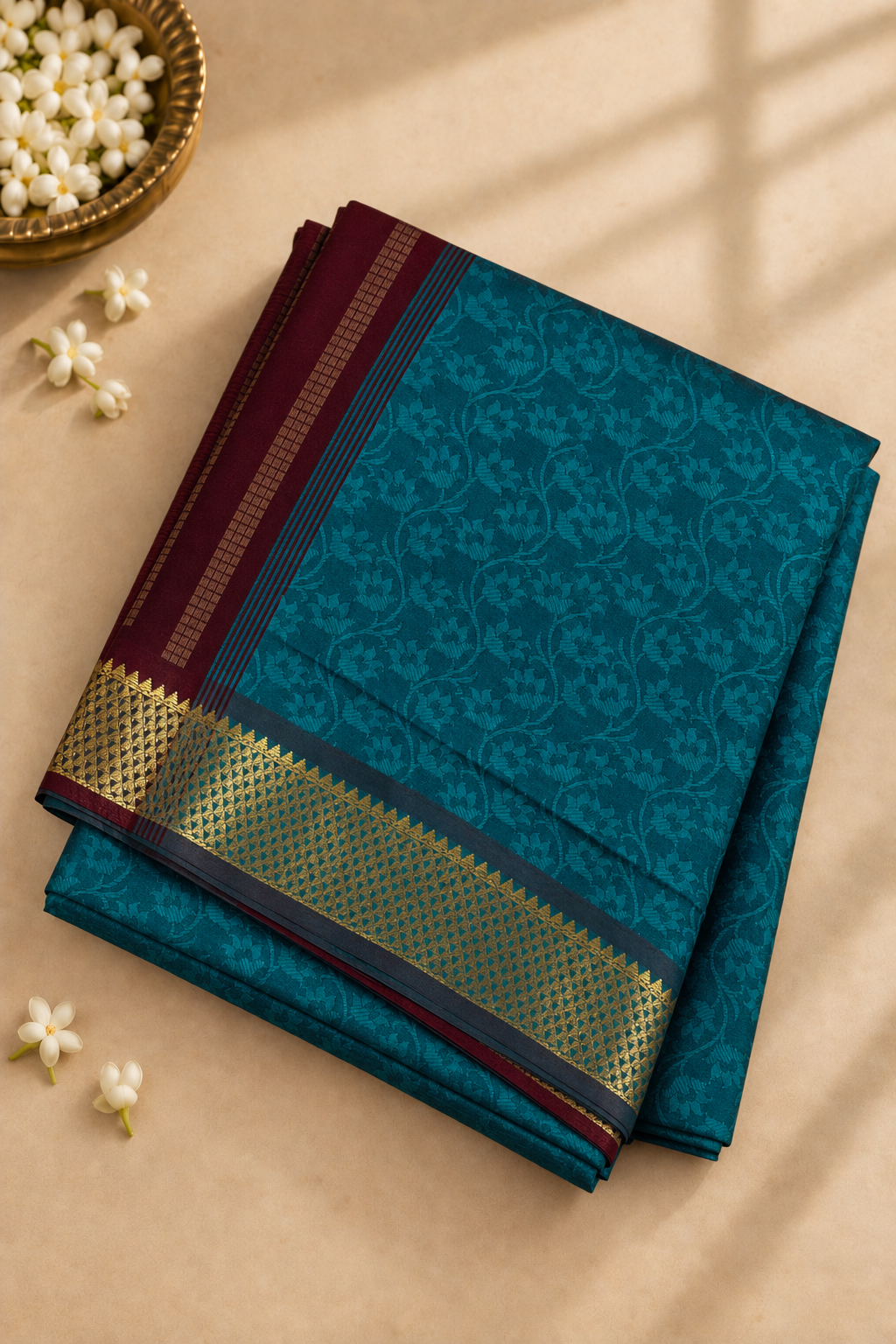 Teal Half Pure Madisar Silk Cotton Saree With Embossed Pattern