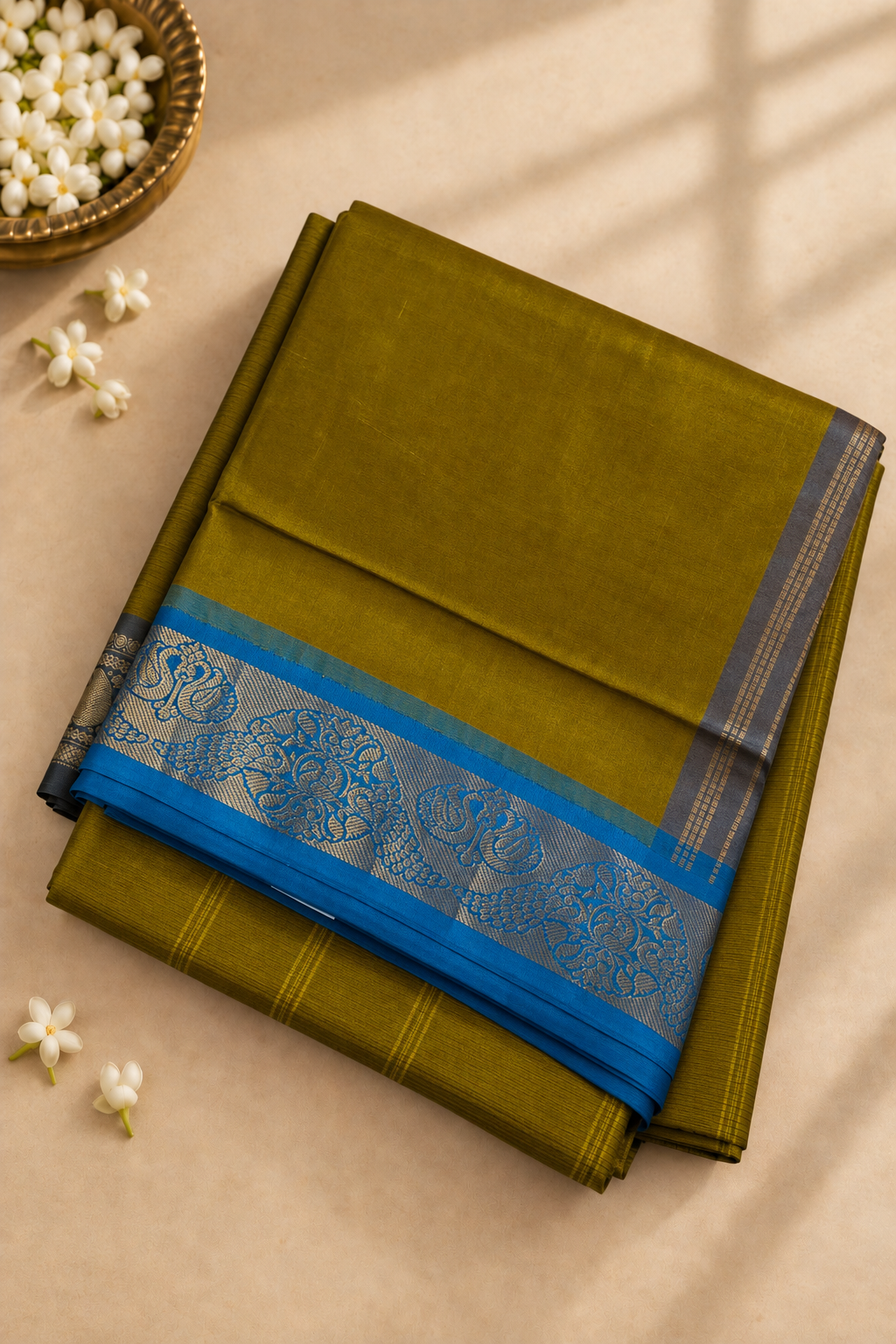 Mustard Yellow Half Pure Madisar Silk Cotton Saree With Plain Pattern