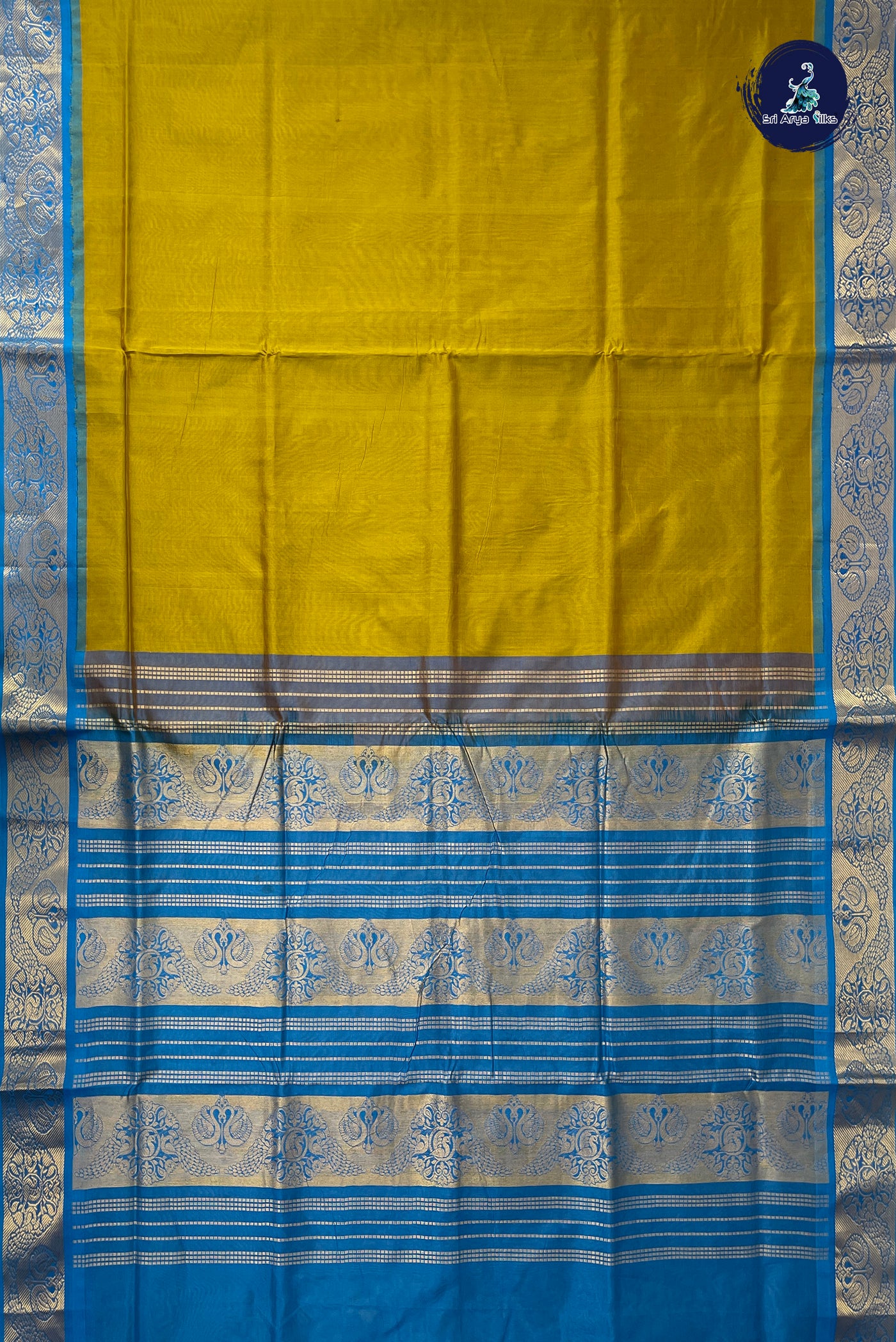 Mustard Yellow Half Pure Madisar Silk Cotton Saree With Plain Pattern