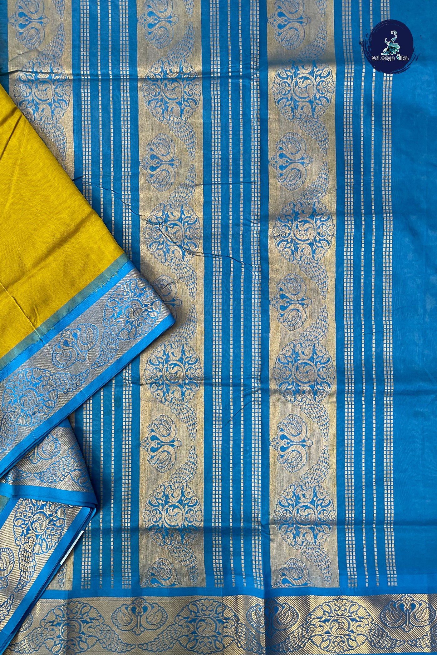 Mustard Yellow Half Pure Madisar Silk Cotton Saree With Plain Pattern