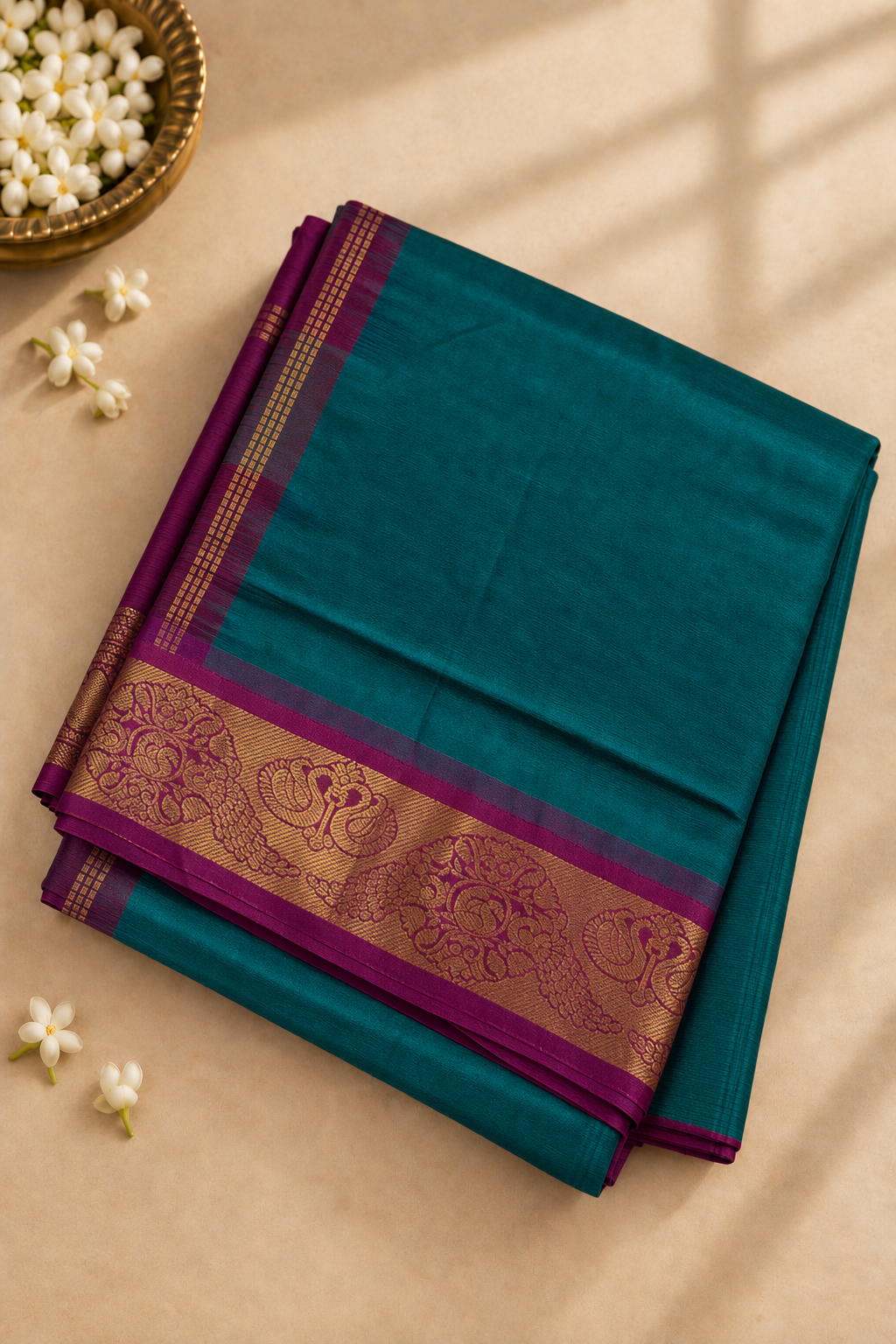 Teal Half Pure Madisar Silk Cotton Saree With Plain Pattern
