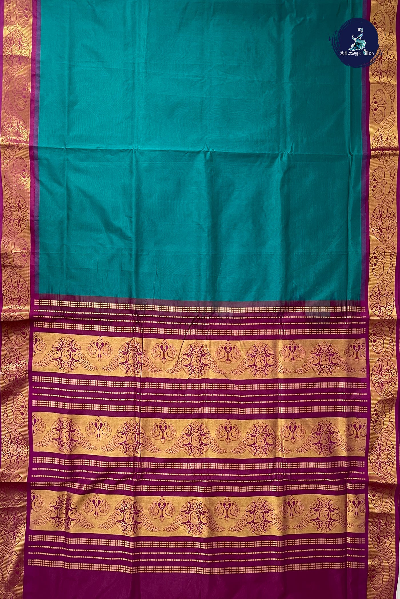 Teal Half Pure Madisar Silk Cotton Saree With Plain Pattern