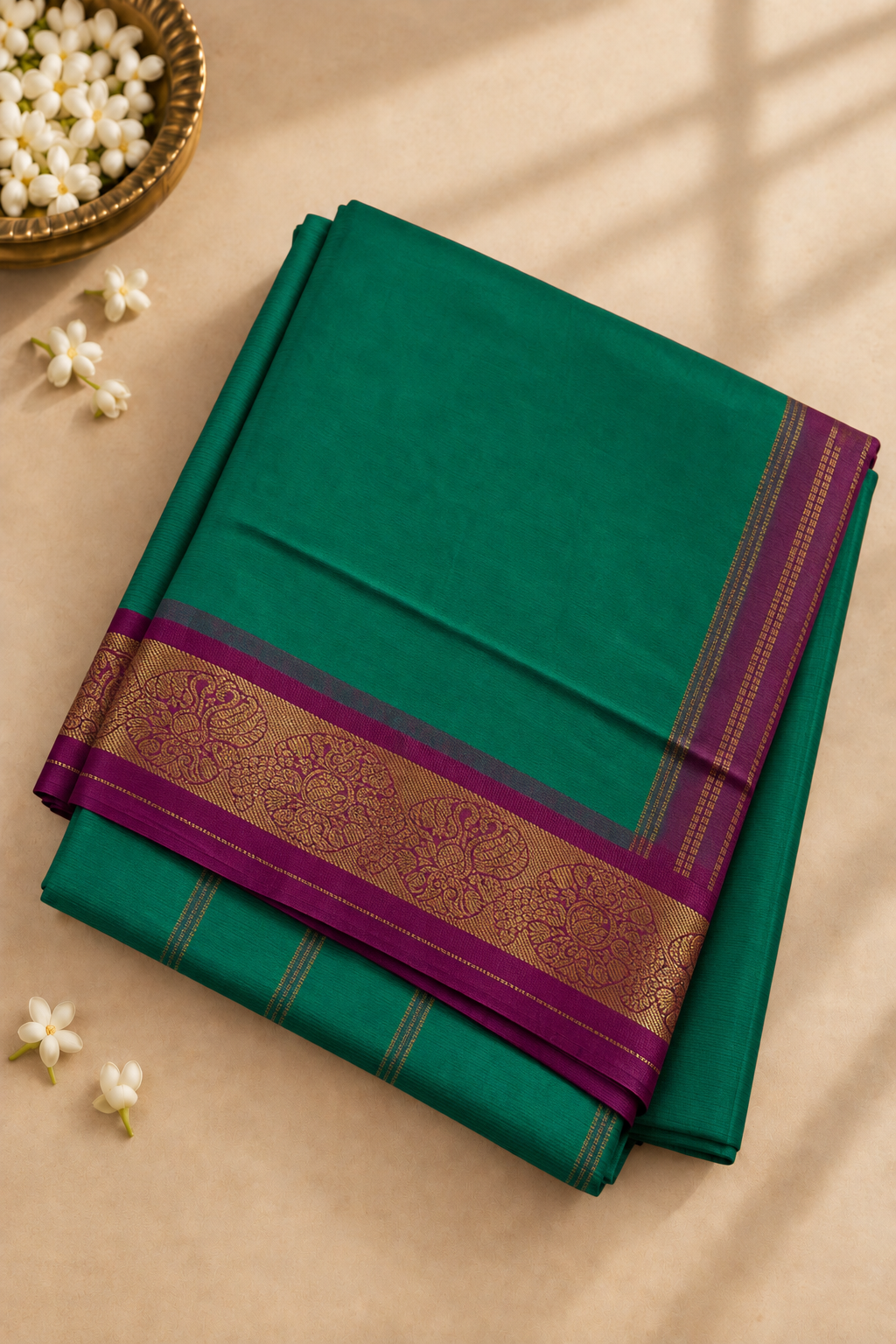 Green Half Pure Madisar Silk Cotton Saree With Plain Pattern