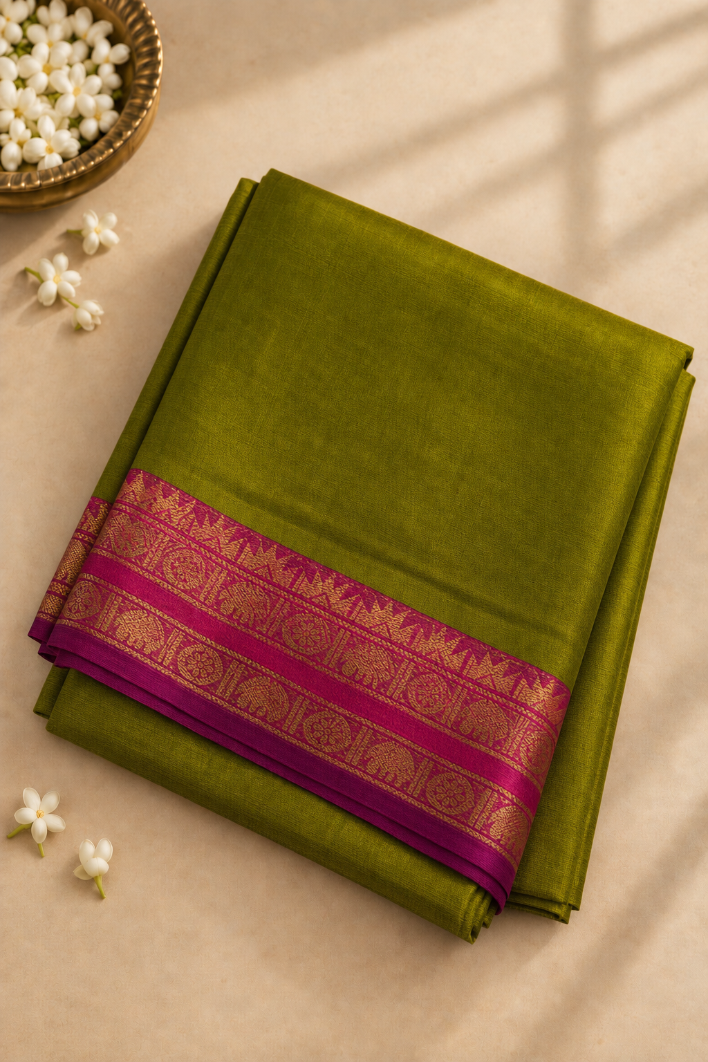 Mehendi Green Half Pure Madisar Silk Cotton Saree With Plain Pattern
