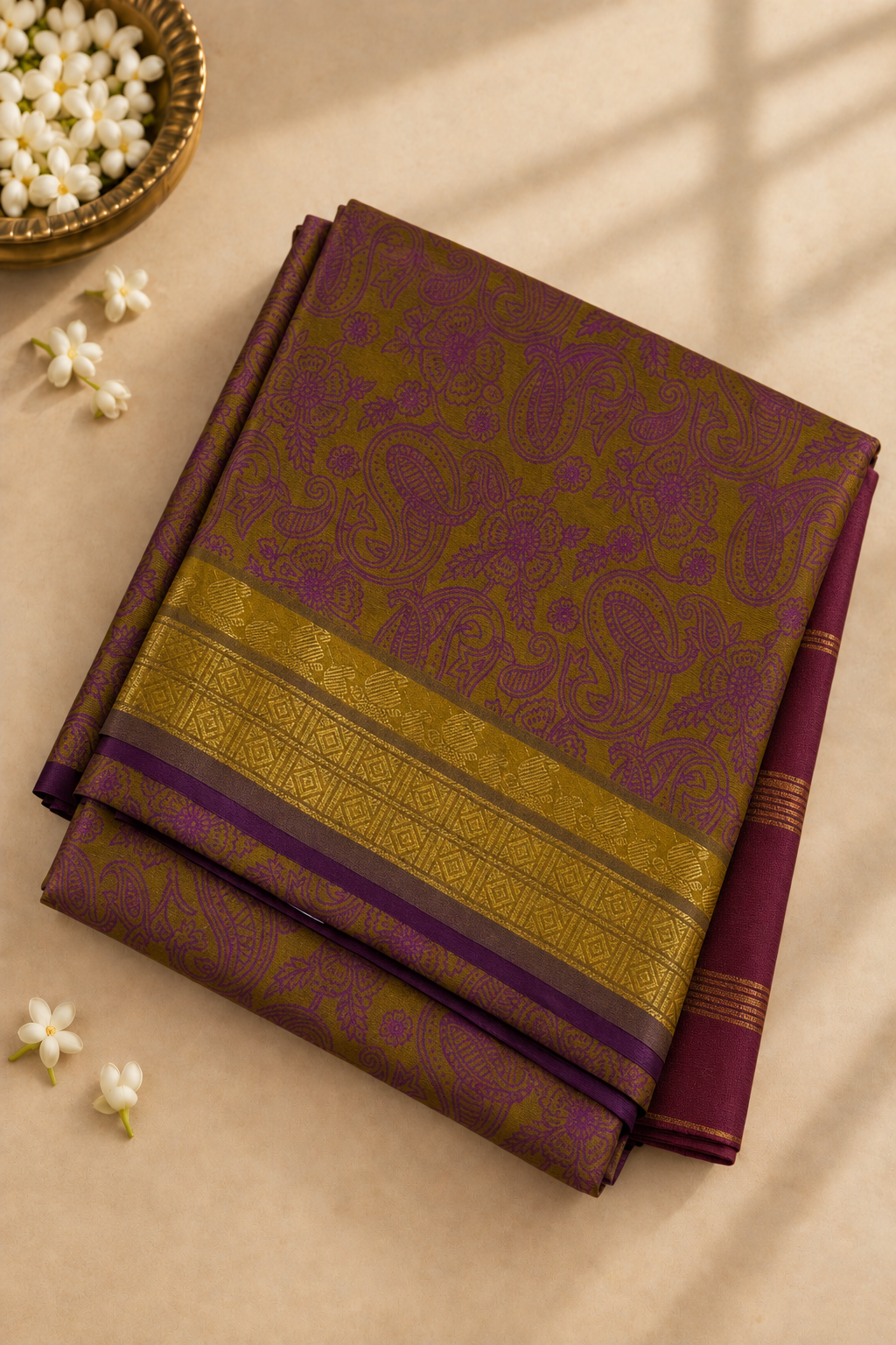 Mustard Yellow Half Pure Madisar Silk Cotton Saree With Printed Pattern