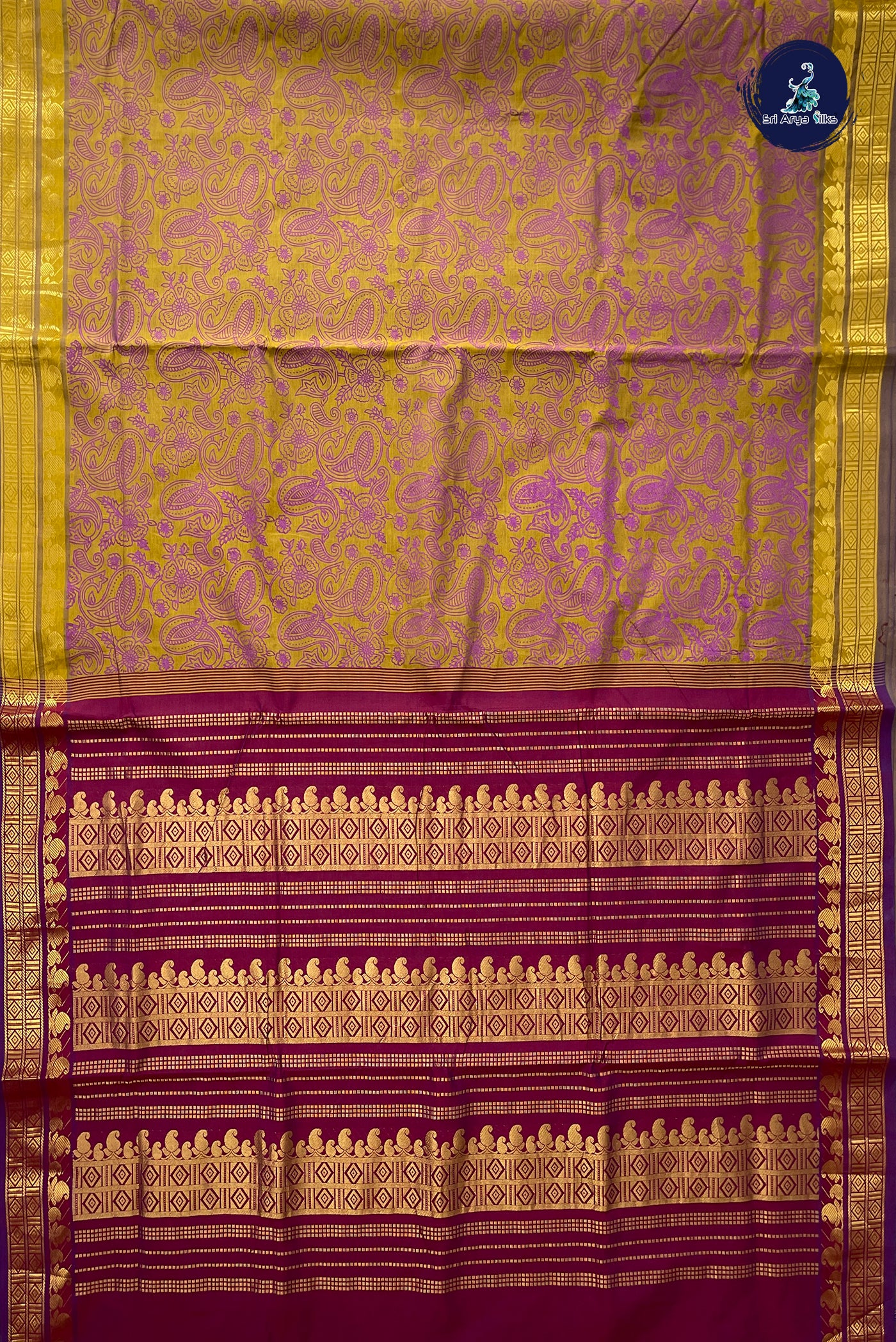 Mustard Yellow Half Pure Madisar Silk Cotton Saree With Printed Pattern