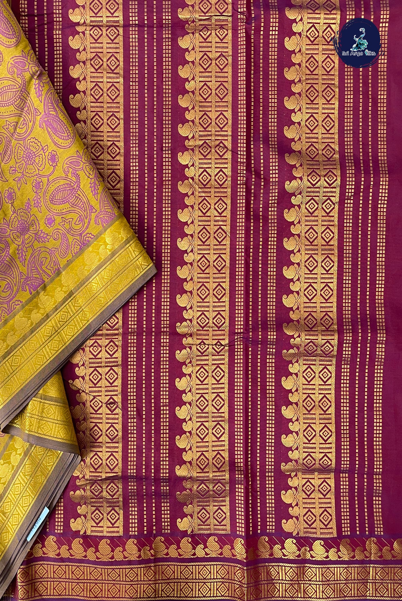 Mustard Yellow Half Pure Madisar Silk Cotton Saree With Printed Pattern