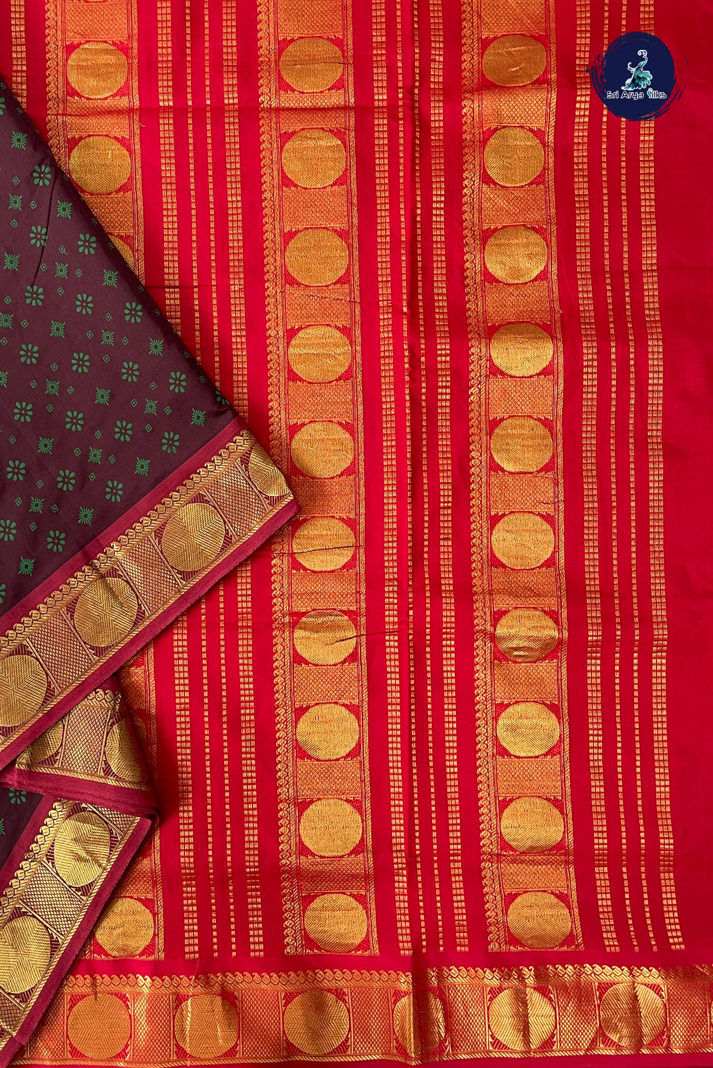 Brown Half Pure Madisar Silk Cotton Saree With Printed Pattern
