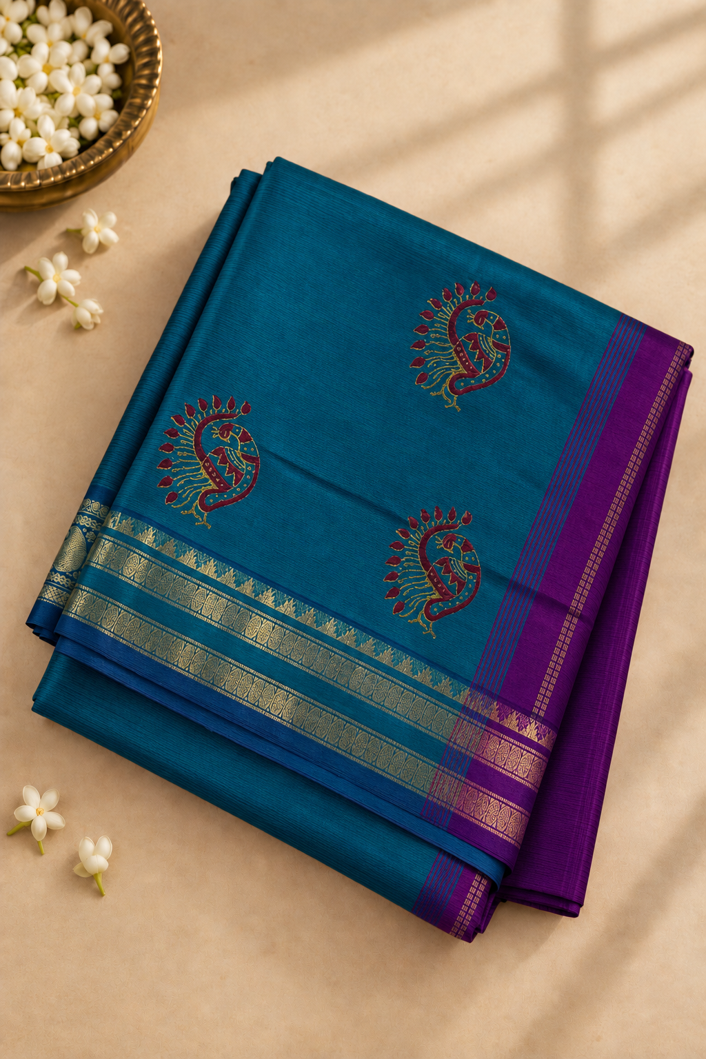 Teal Blue Half Pure Madisar Silk Cotton Saree With Printed Pattern