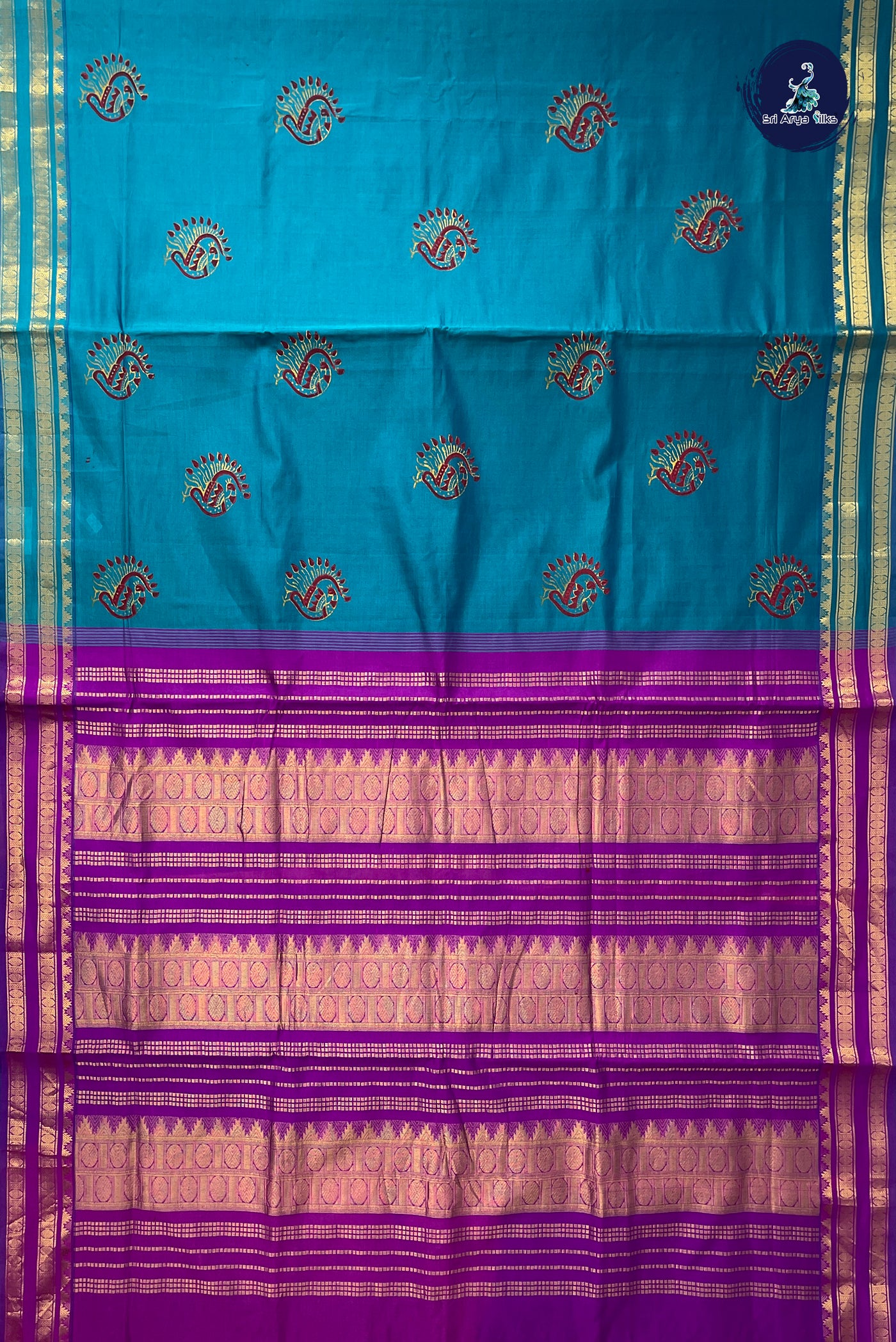 Teal Blue Half Pure Madisar Silk Cotton Saree With Printed Pattern