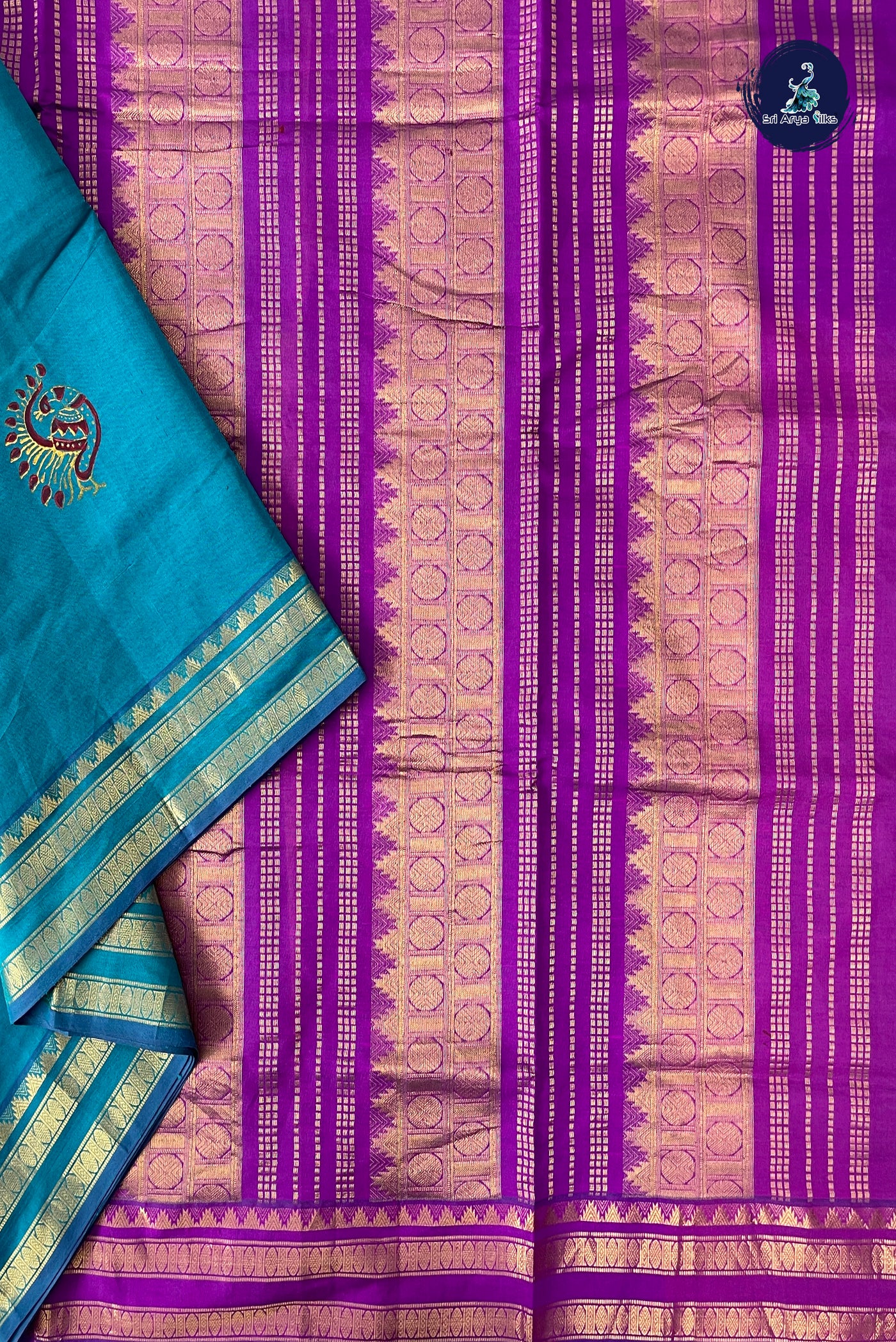 Teal Blue Half Pure Madisar Silk Cotton Saree With Printed Pattern
