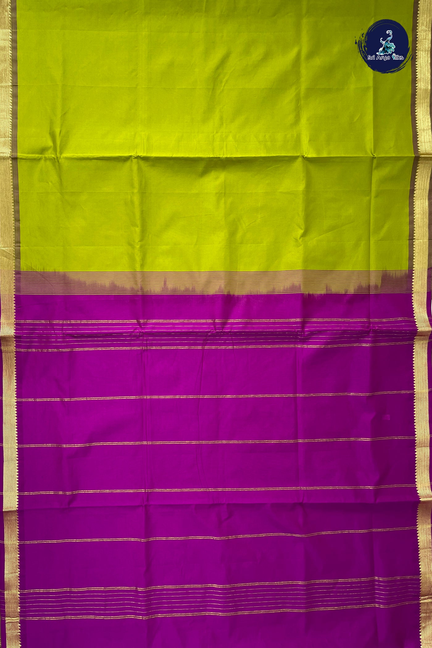 Lime Green Half Pure Madisar Silk Cotton Saree With Plain Pattern