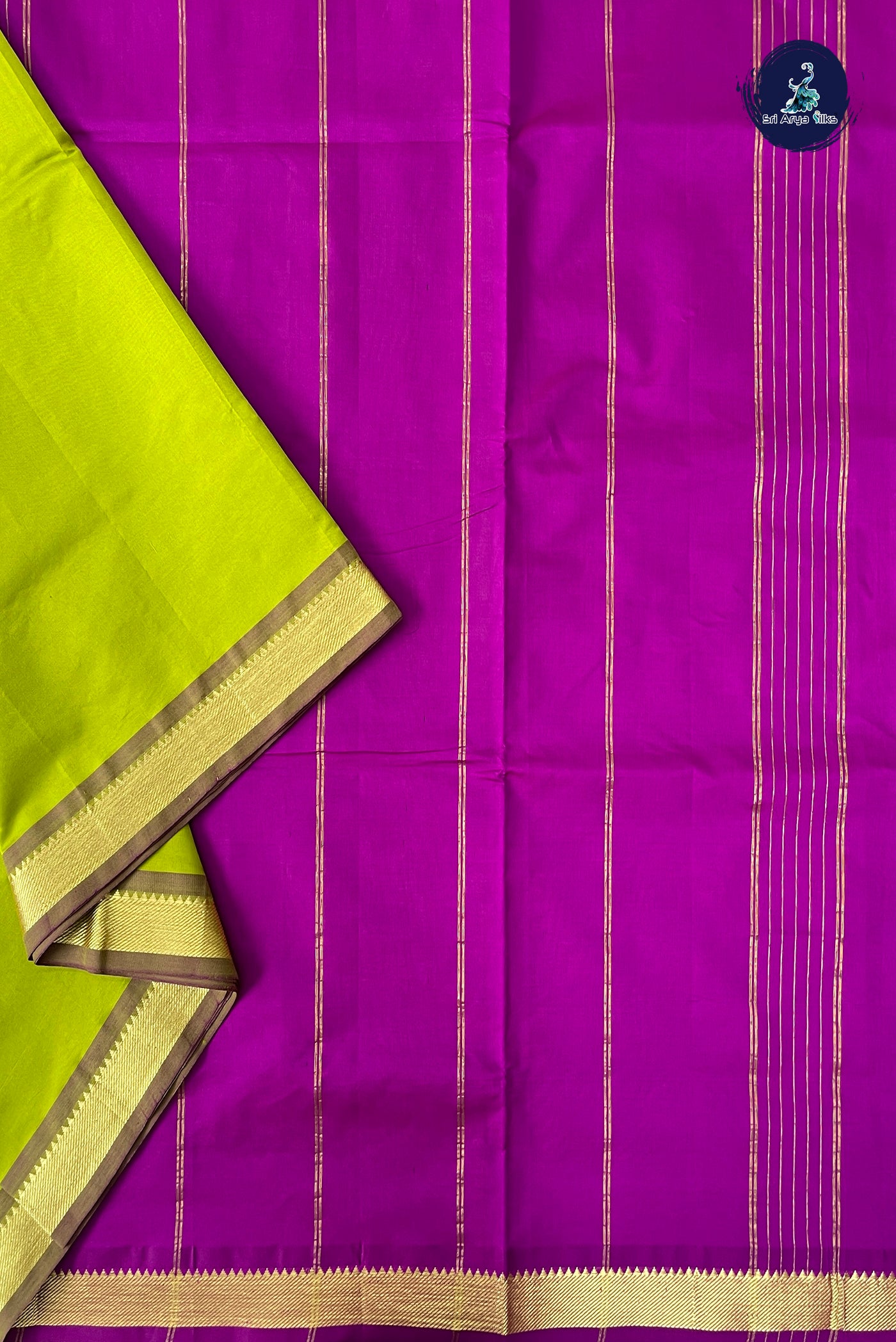 Lime Green Half Pure Madisar Silk Cotton Saree With Plain Pattern