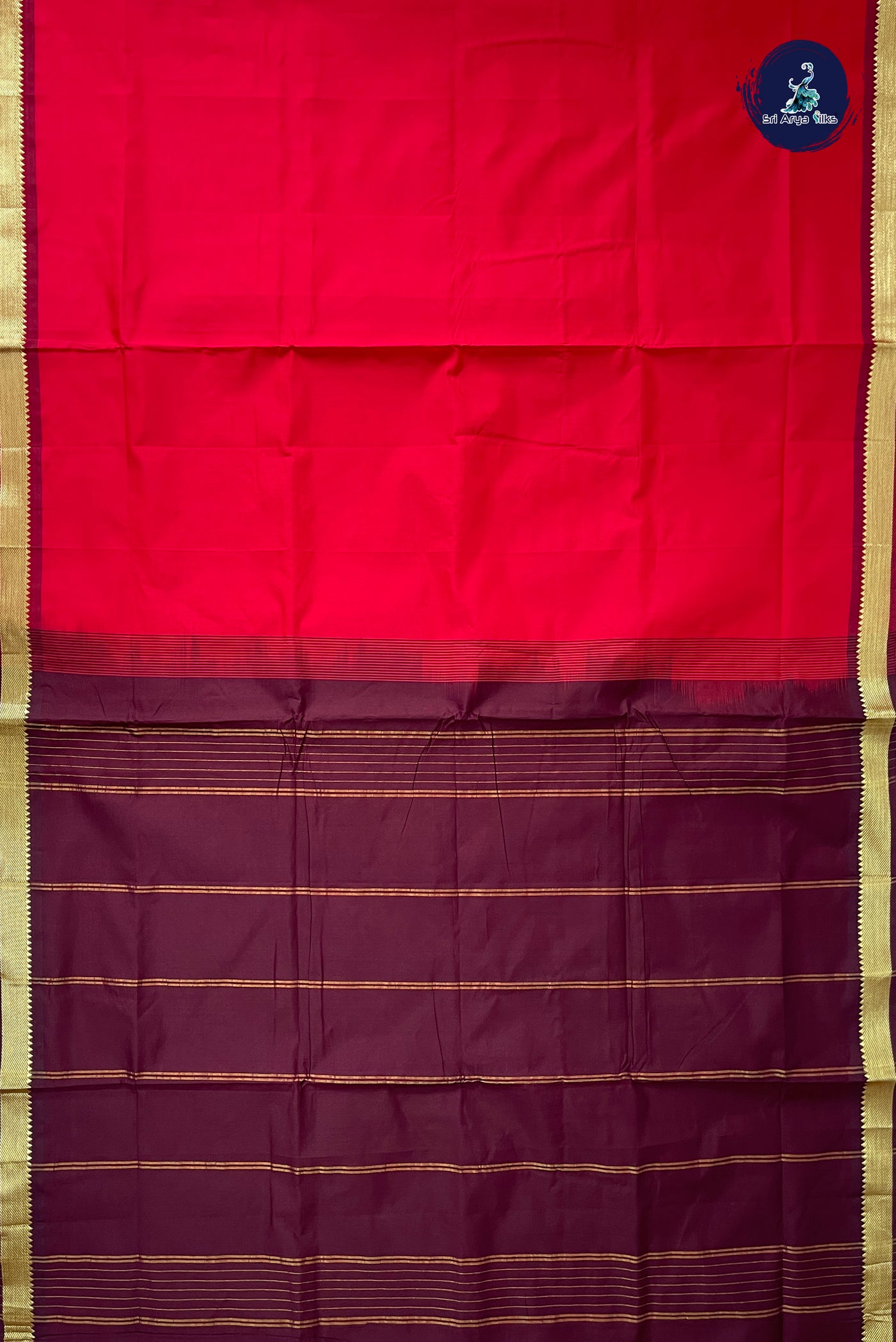 Red Half Pure Madisar Silk Cotton Saree With Plain Pattern