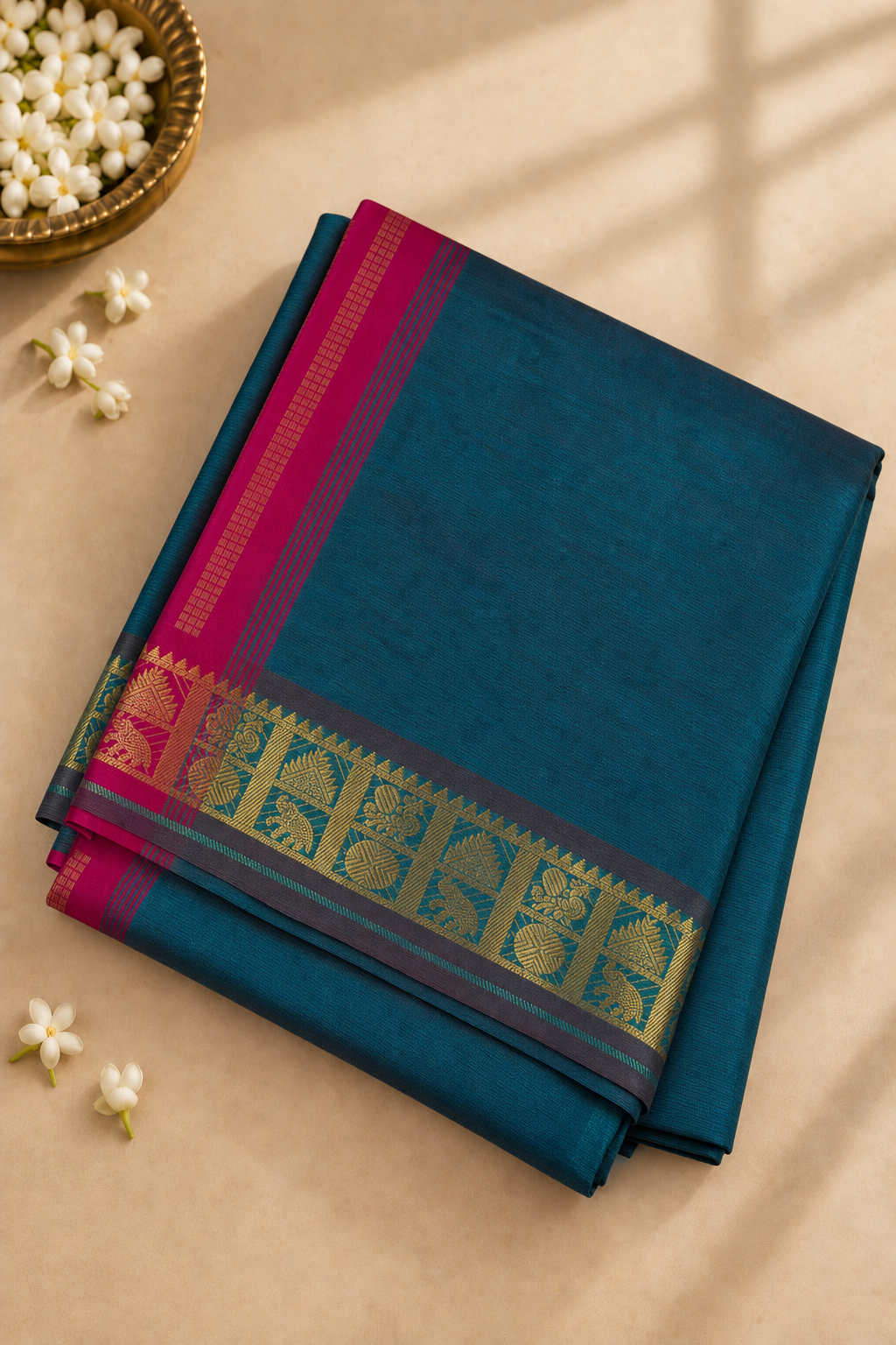Teal Half Pure Madisar Silk Cotton Saree With Plain Pattern
