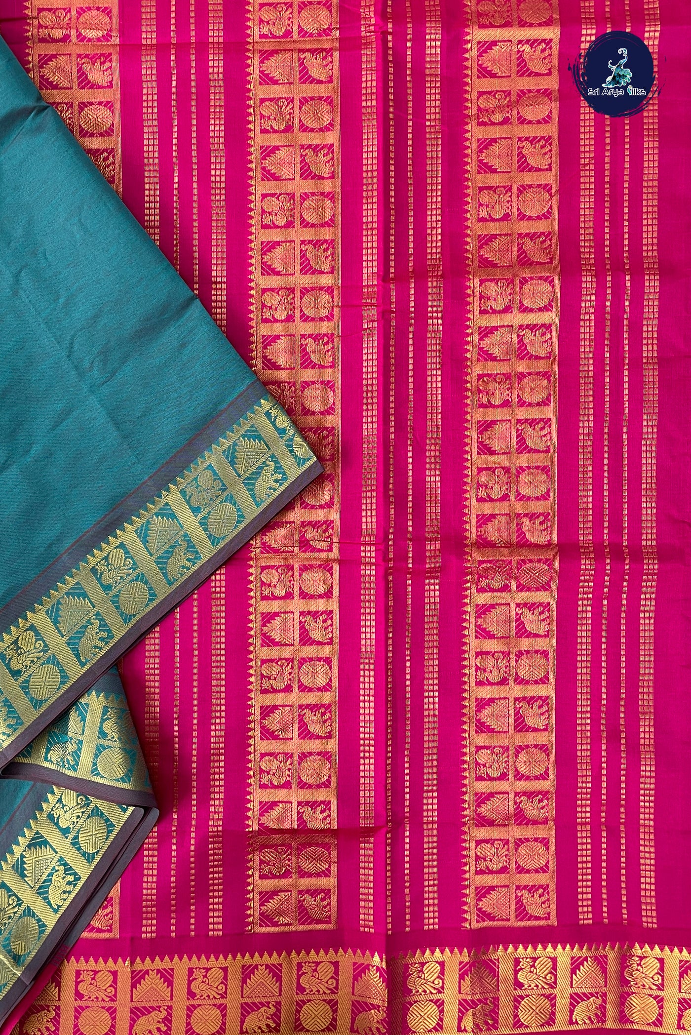 Teal Half Pure Madisar Silk Cotton Saree With Plain Pattern