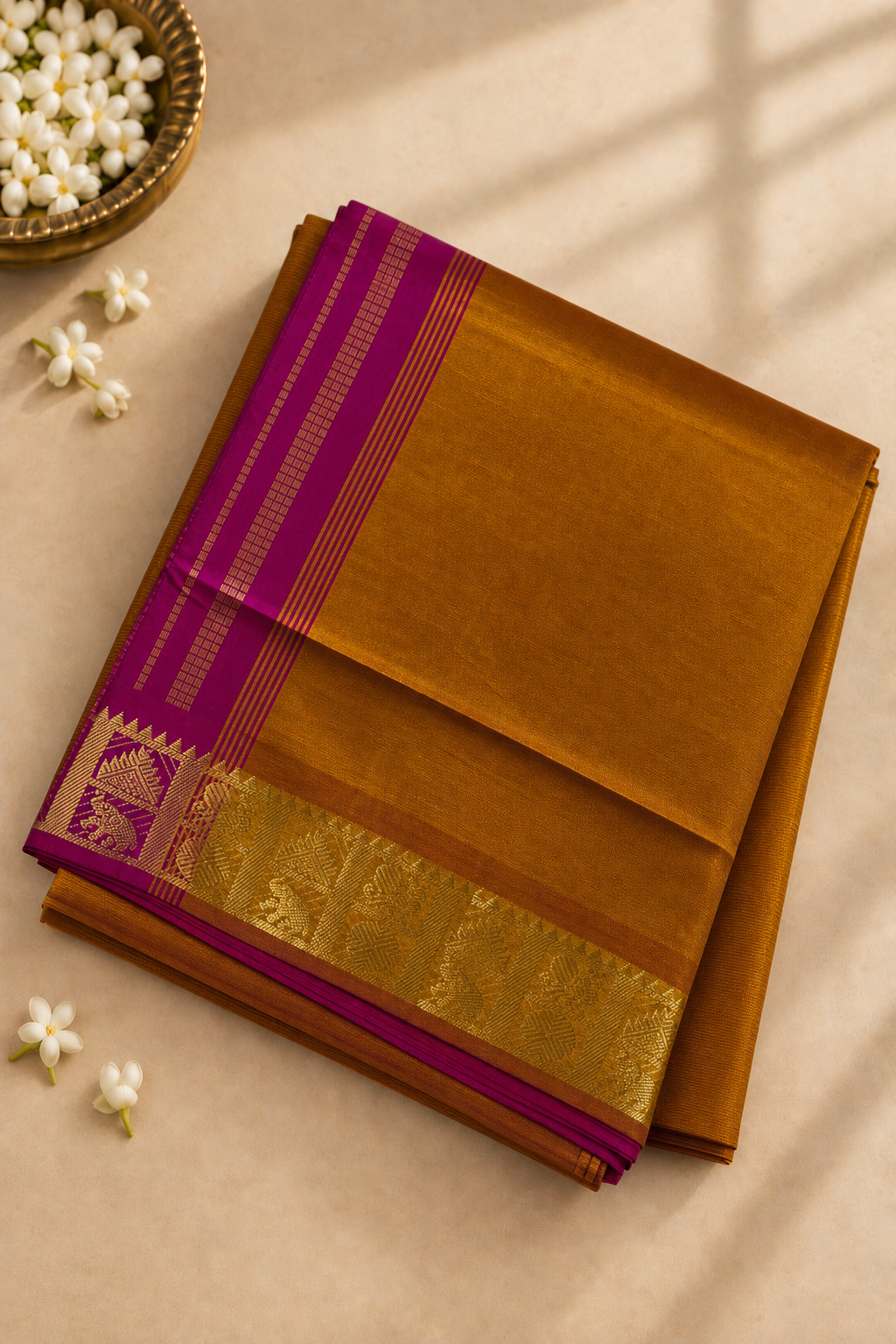 Mustard Yellow Half Pure Madisar Silk Cotton Saree With Plain Pattern