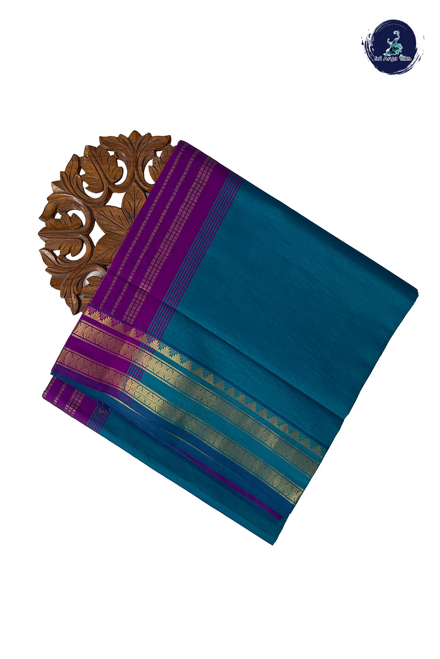 Teal Blue Half Pure Madisar Silk Cotton Saree With Plain Pattern