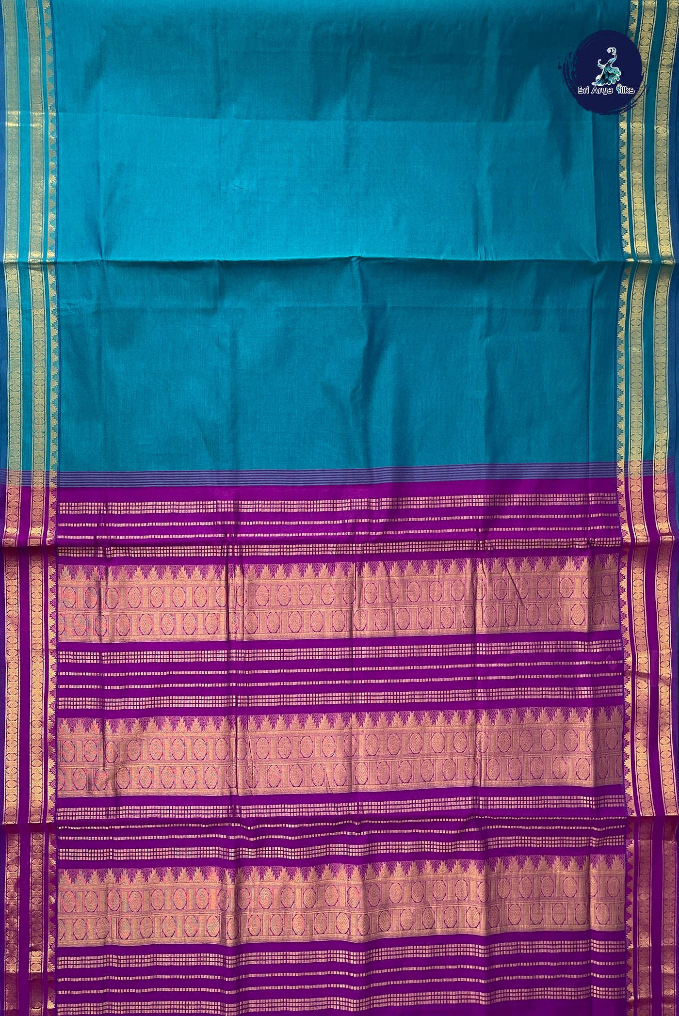Teal Blue Half Pure Madisar Silk Cotton Saree With Plain Pattern